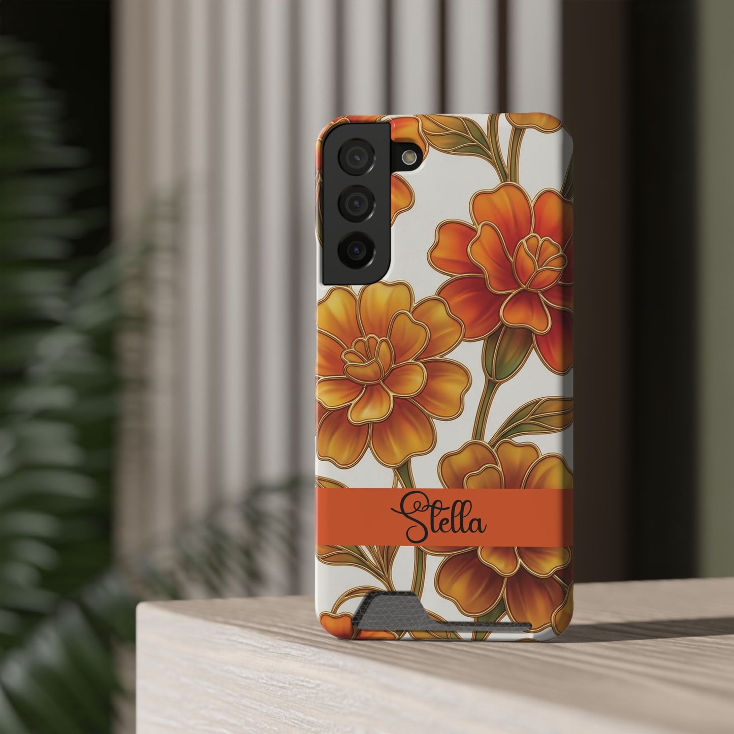 Personalized Orange Stained Glass Effect Marigold Floral Cardholder iPhone and Samsung Case