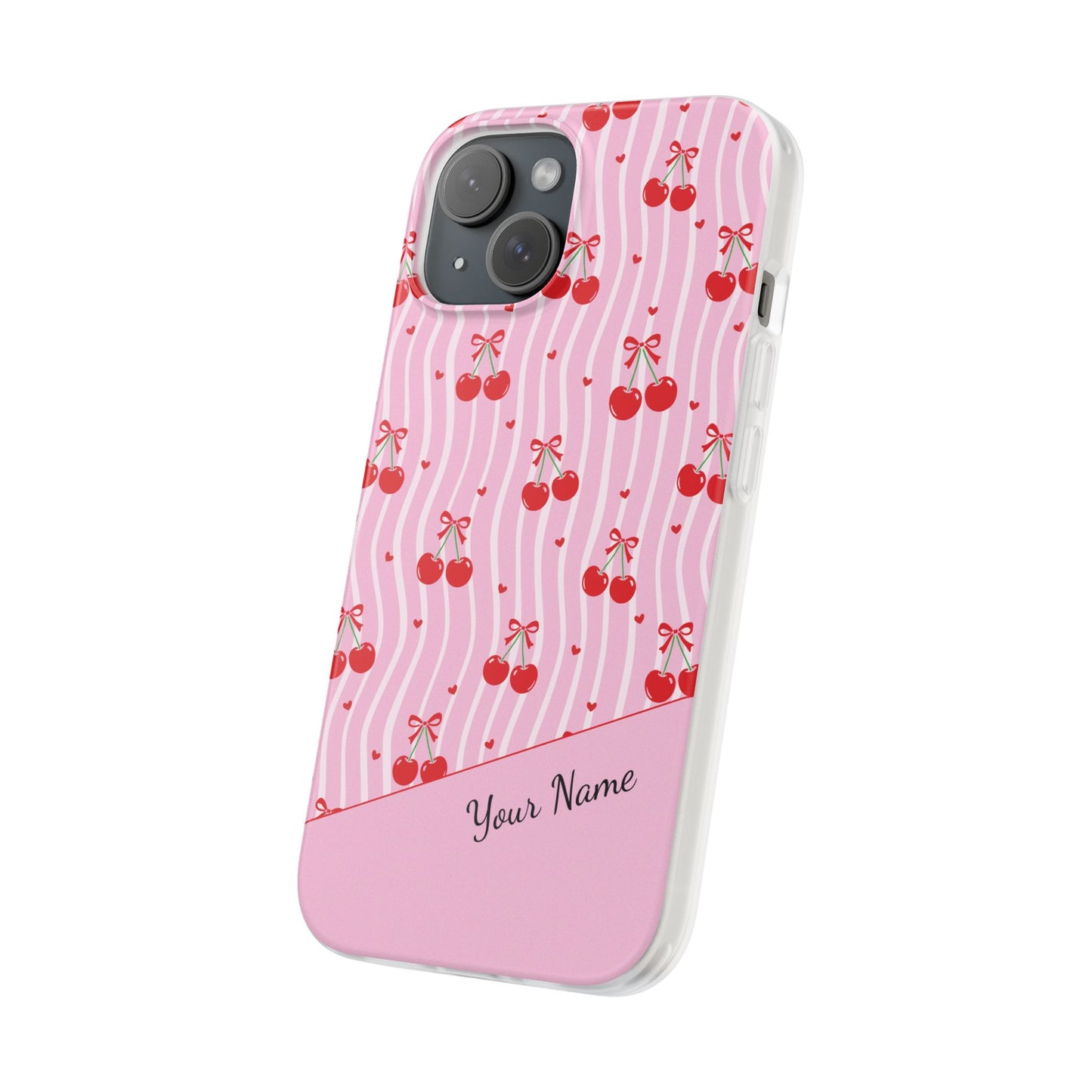 Personalized Cherry Blossom Dreams Flexi Case — Pink Retro Cherry iPhone® 7/8, 11, 12, 13, 14, 15, 16, 17, X/XS, SE, XR, Mini, Pro, Pro Max, Plus Cases.