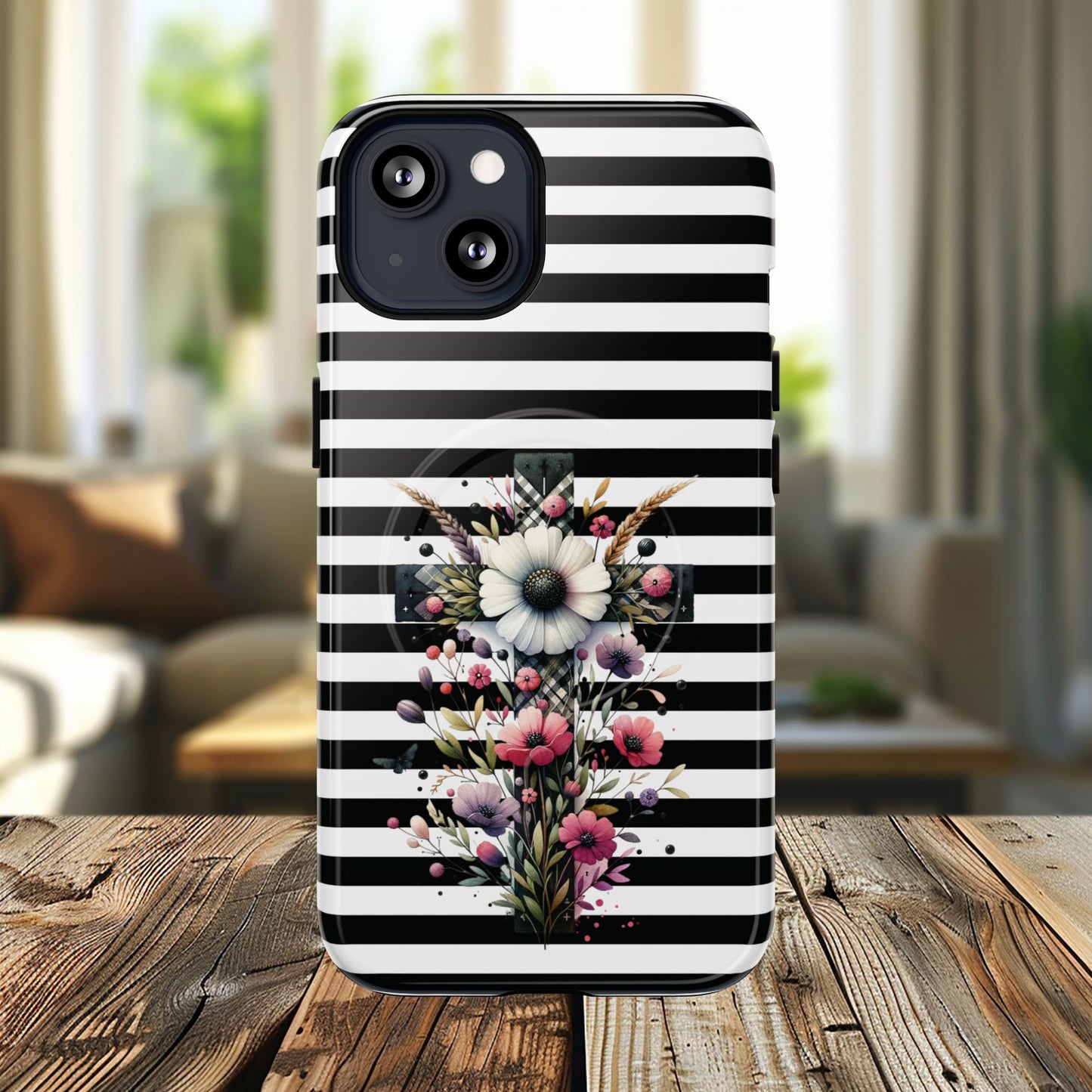 Faith in Bloom Tough iPhone Magnetic Case, iPhone Accessories, Floral iPhone Cover, Durable Cases for Gifts, Black and White Stripes