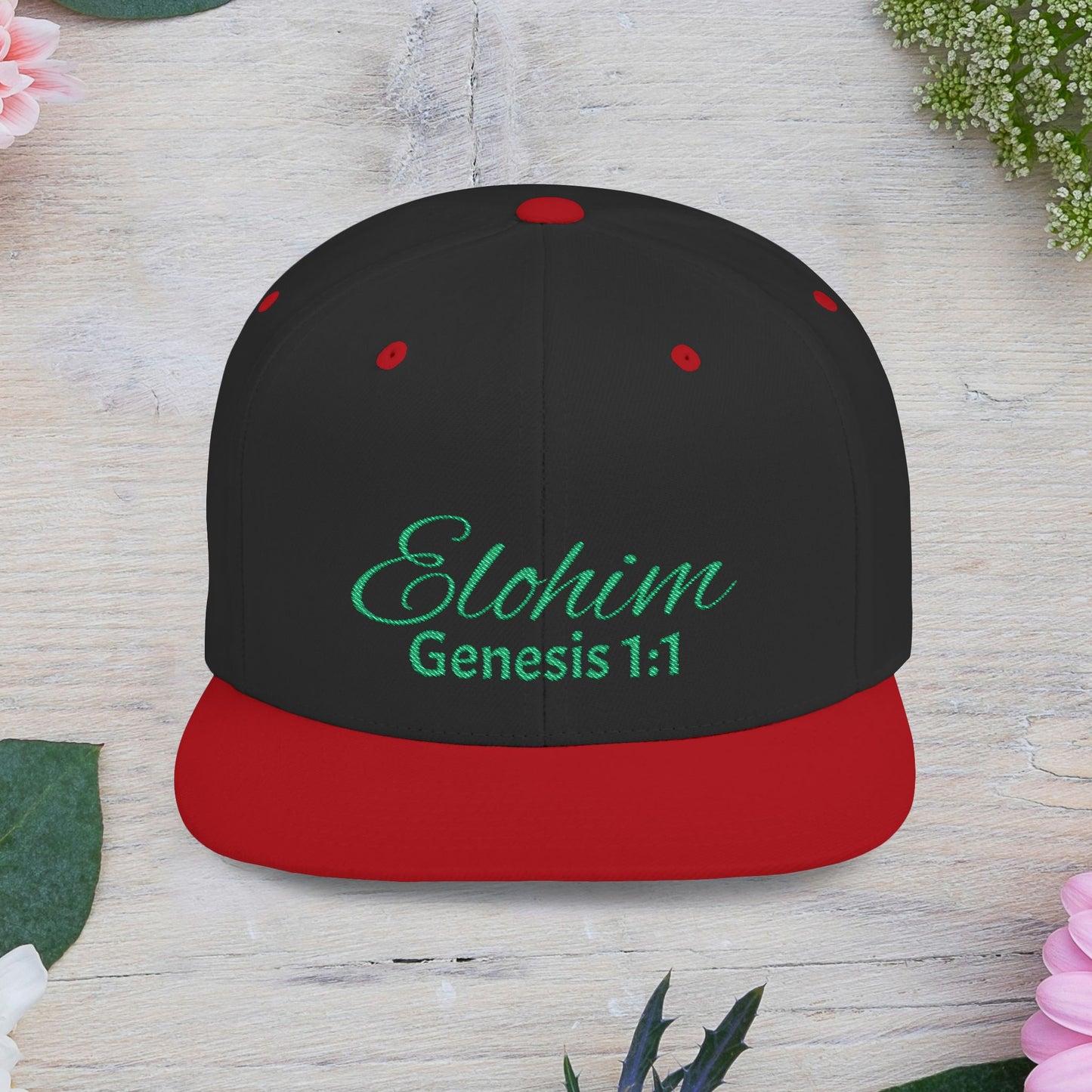 Green Elohim, Genesis 1:1 Snapback Cap - Faith-Inspired Flat Bill Hat, Baseball Hat, Perfect for Gifts, Daily Wear, Spiritual Events.