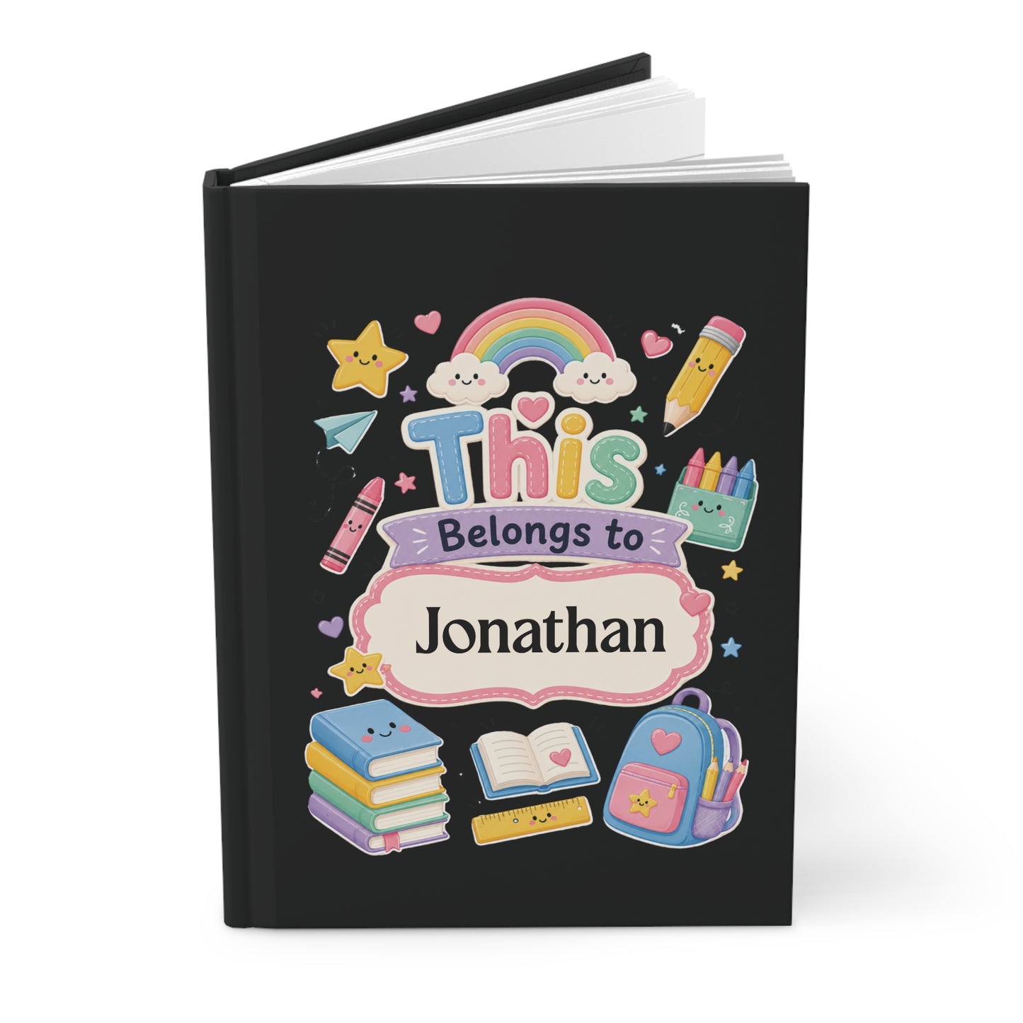 Personalized Kids Black Hardcover Notebook — "This Belongs to [Name]" Cute School Notebook/Back to School