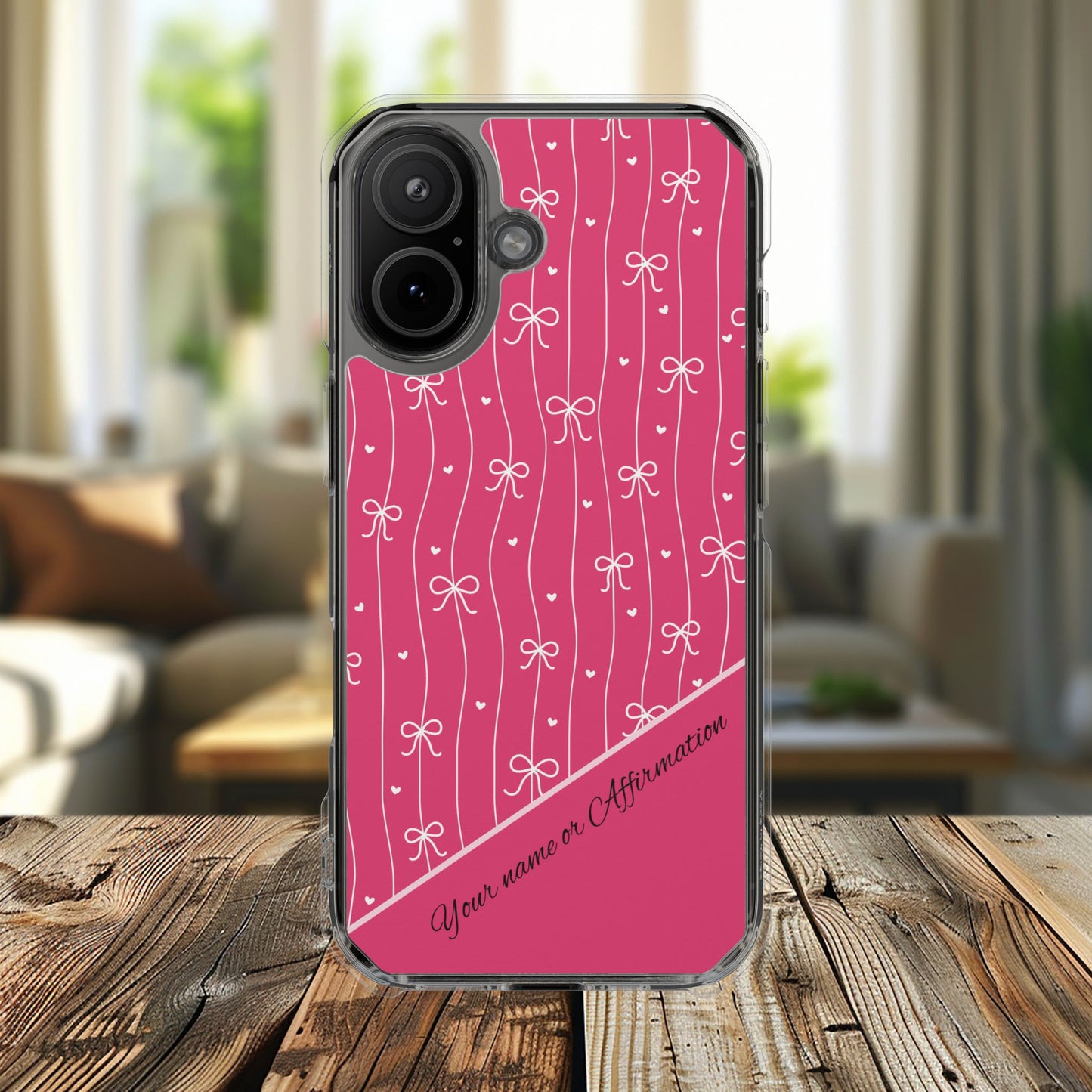 Personalized Pink Bow Coquette Tough Magnetic MagSafe® Clear iPhone Case  iPhone® 13, 14, iPhone 15, iPhone 16, iPhone 17, Pro, Pro Max, Plus Cases.