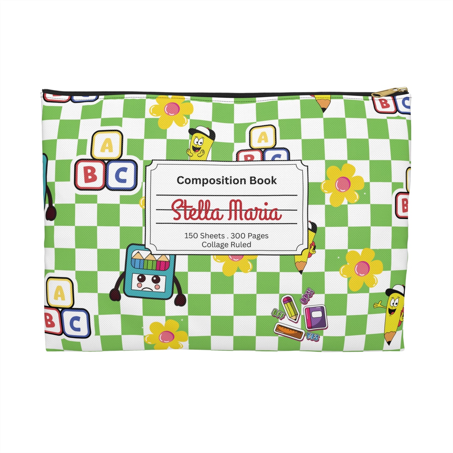 Personalized Green SchoolYard Chic Composition Book Inspired Accessory Pouch, Kids School Supplies, Classroom Organizer, Teacher Gift, Fun Stationery Case, Back to School