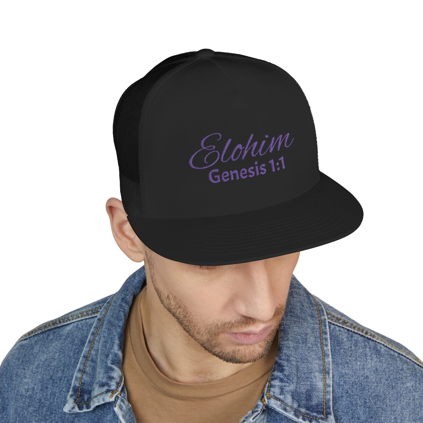 Purple 'ELOHIM, GENESIS 1:1'  Embroidered 5 Panel Trucker Cap | Casual Style Hat, Adjustable, Unisex, Perfect Gift for Outdoors, Festivals, Daily Wear