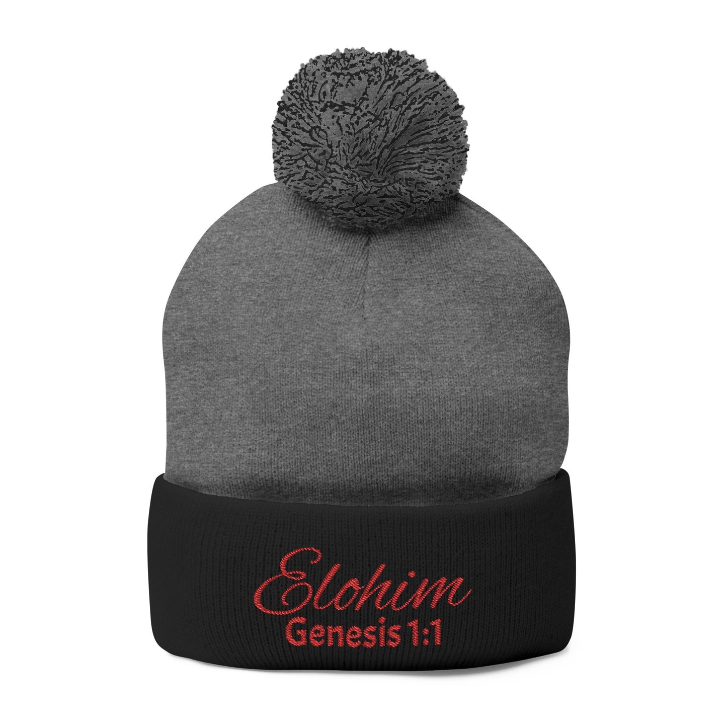 Red Pom-Pom Knit Cap with 'ELOHIM, GENESIS 1:1'  Embroidery Beanie - Stylish Winter Accessory for All Ages, Perfect Gift for Birthdays, Holidays, and Outdoor Activities