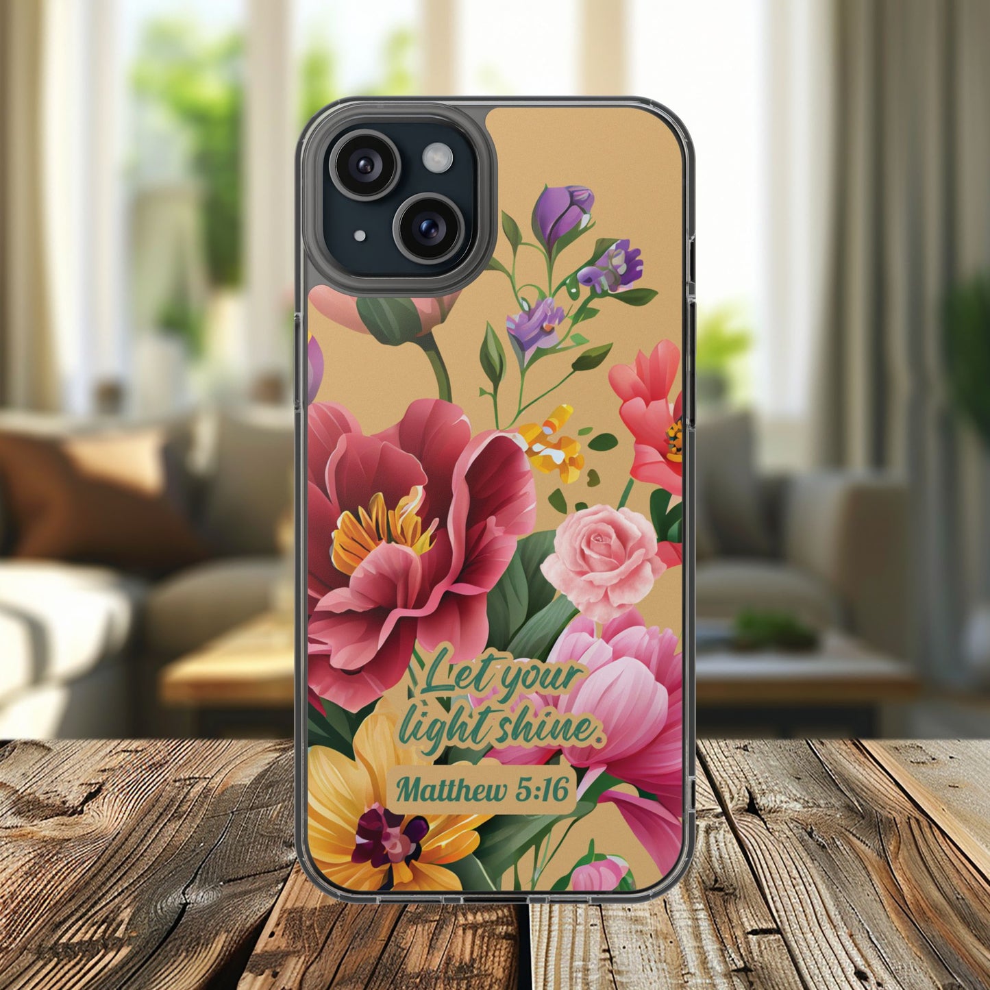 Clear Floral Bible Verse Phone Case — "Let Your Light Shine" (Matthew 5:16) for iPhone and Samsung Cases.