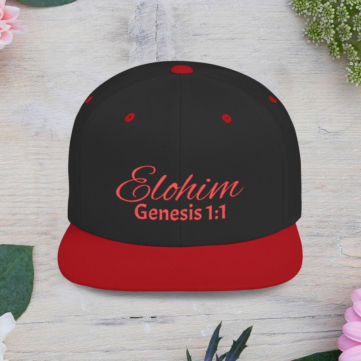 Red Embroidery 'ELOHIM, GENESIS 1:1' Flat Bill Snapback Hat, Stylish Cap for Everyday Wear, Church Events, Gift for Him/Her, Streetwear Accessory, Casual Fashion