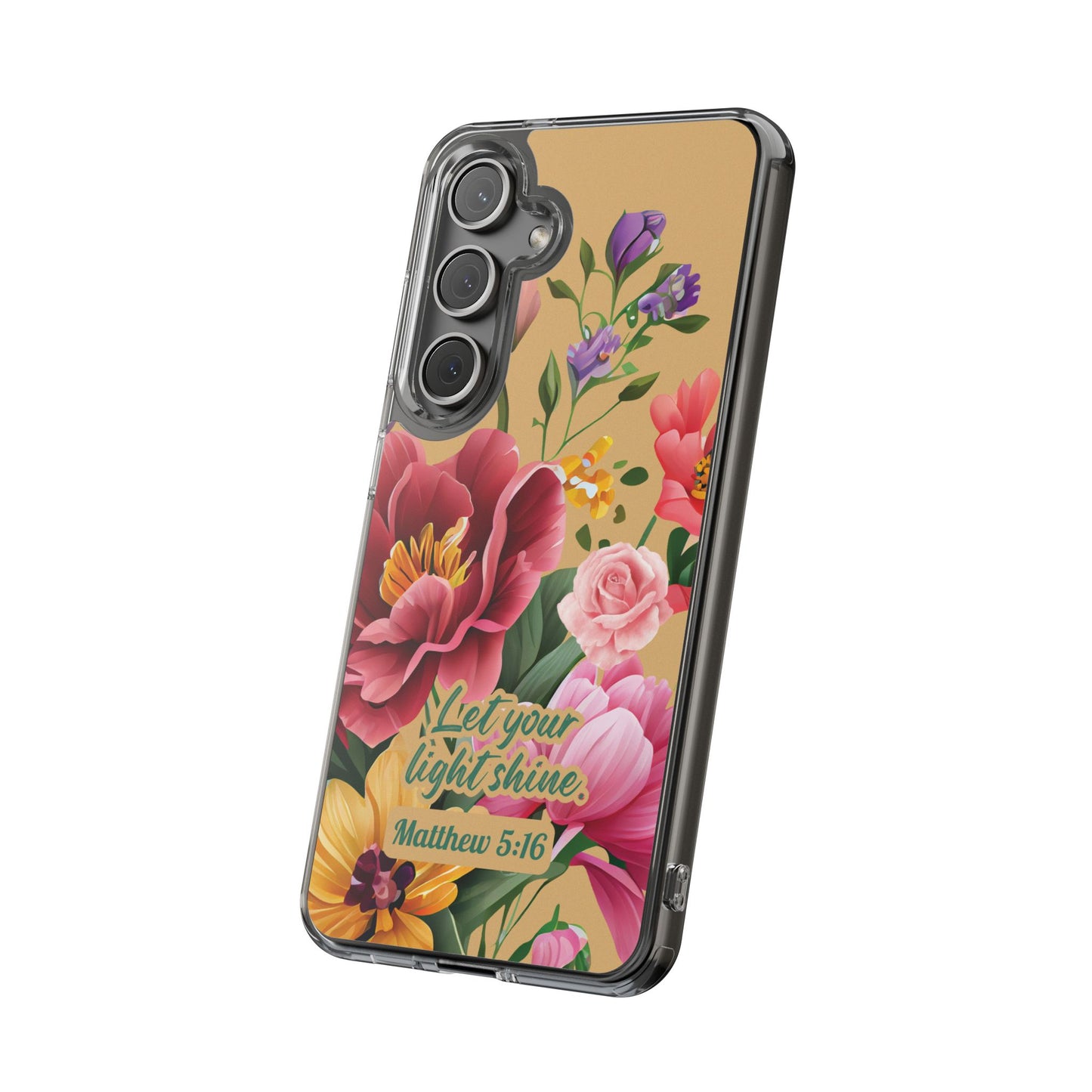 Clear Floral Bible Verse Phone Case — "Let Your Light Shine" (Matthew 5:16) for iPhone and Samsung Cases.