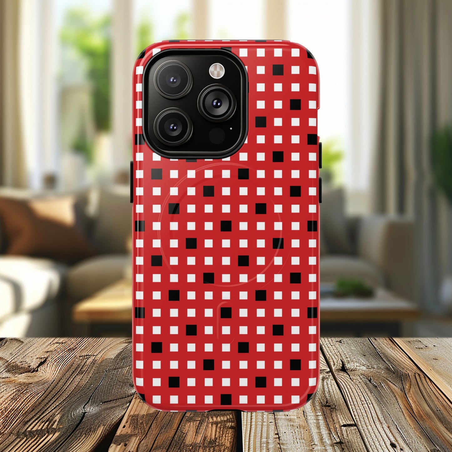 Crimson Gridlock Tough iPhone Magnetic Cases, Durable iPhone Accessories, Gift for Tech Lovers, Modern Design