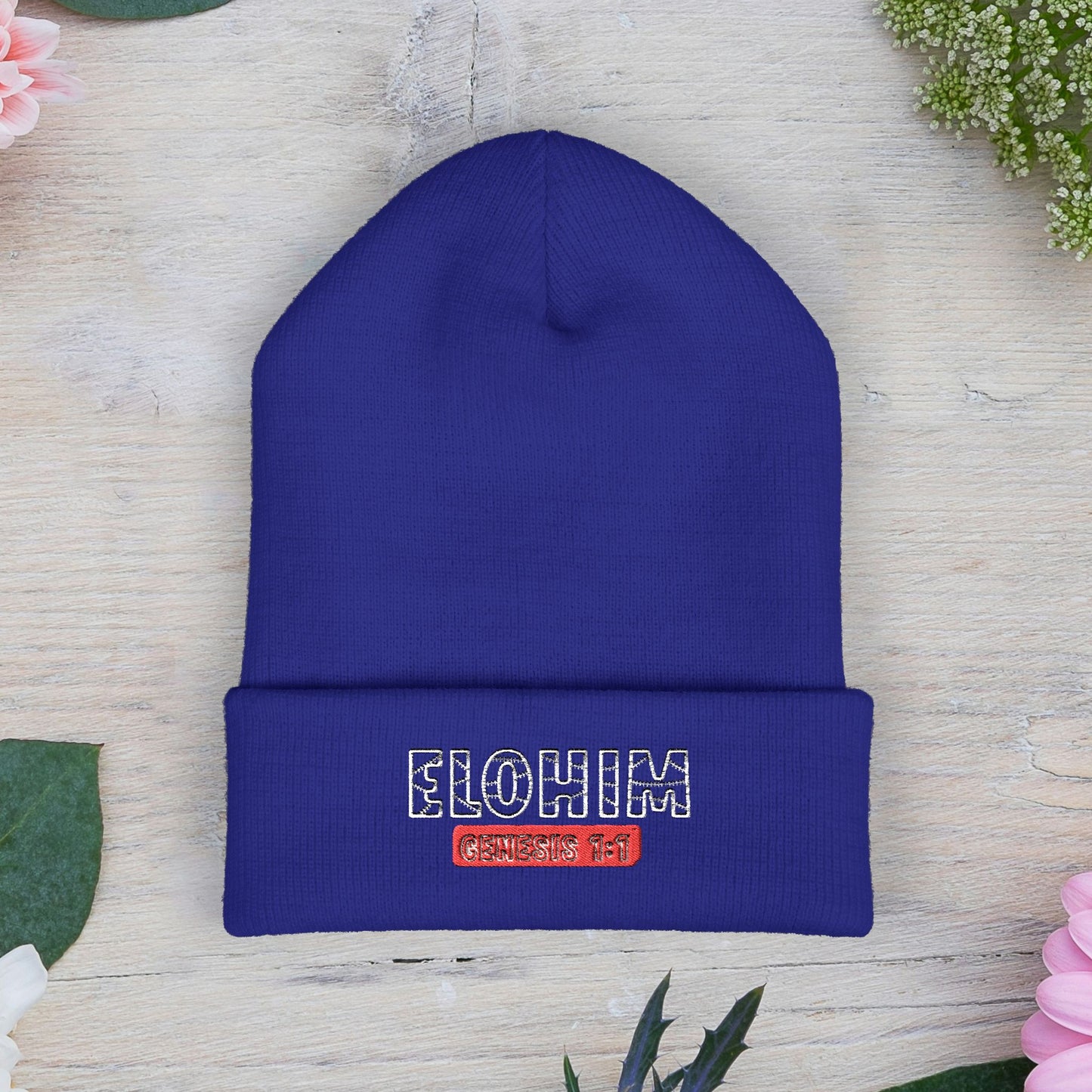 Embroidered 'ELOHIM, GENESIS 1:1' Classic Cuffed Beanie - Cozy Winter Hat, Streetwear Accessory, Personalized Gifts, Religious Apparel, Unisex Beanie