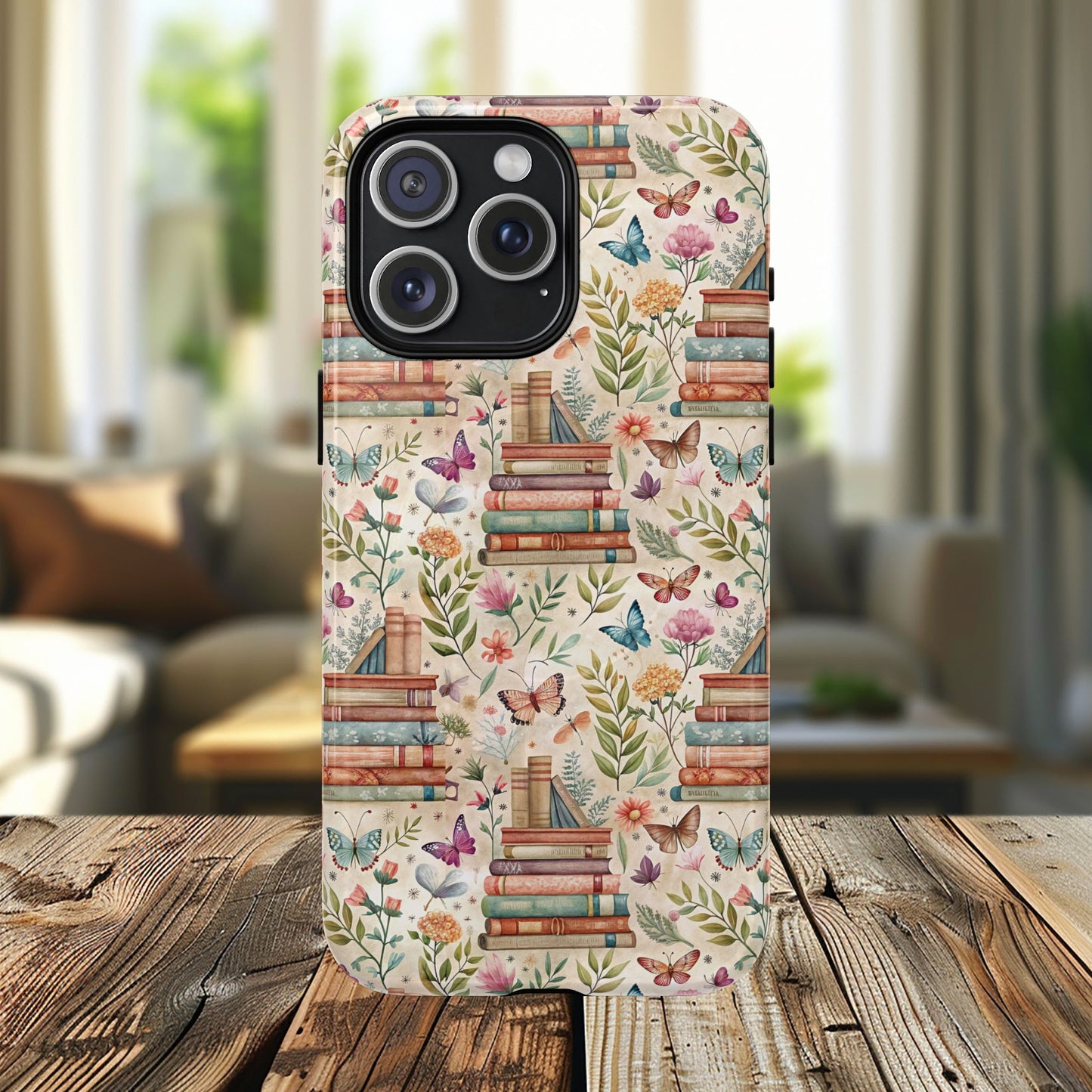 Colorful Bookworm Tough Magnetic iPhone Case,  Floral Butterfly Print, Gift for Readers, Tough IPhone Protective Cover, Bookish iPhone Case.