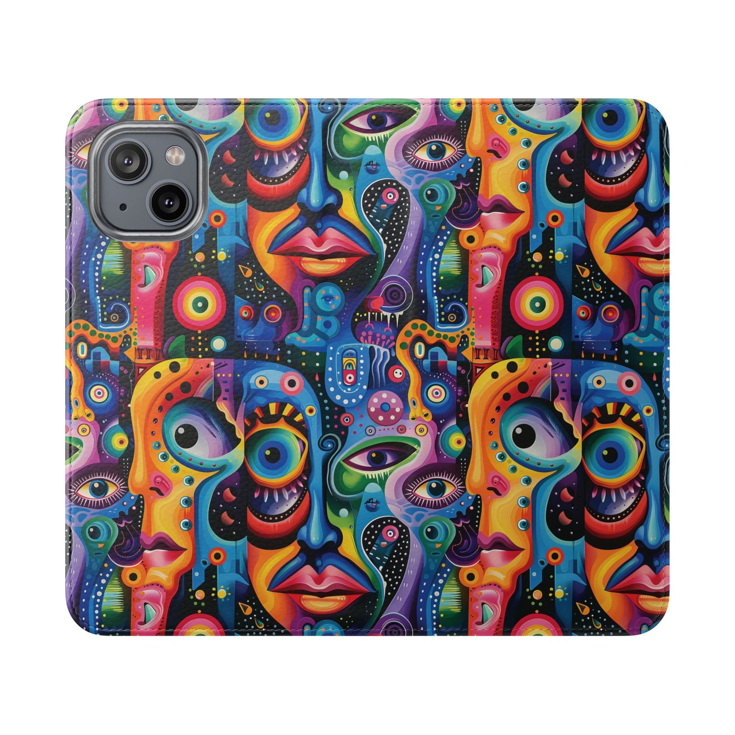 Psychedelic Visions Vibrant Art Flip iPhone and Samsung Phone Case - Colorful Faces Design for Phone Protection