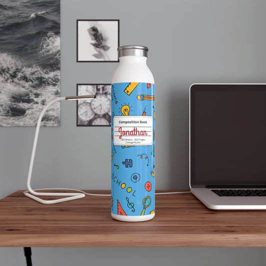 Personalized Composition Classroom Couture Book Inspired Slim Water Bottle, Customizable Drinkware, Eco-Friendly Hydration Bottle, Perfect for Gifts, School Supplies, Back to School
