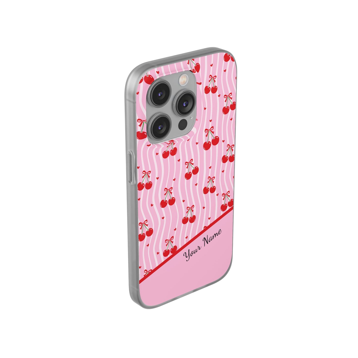 Personalized Cherry Blossom Dreams Flexi Case — Pink Retro Cherry iPhone® 7/8, 11, 12, 13, 14, 15, 16, 17, X/XS, SE, XR, Mini, Pro, Pro Max, Plus Cases.