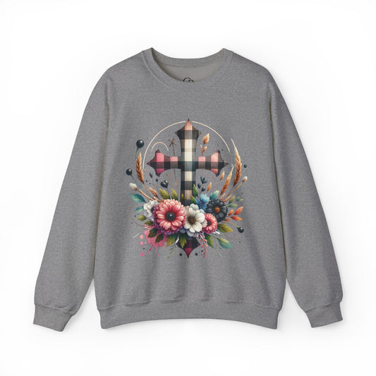 Faith and Floral Cross Unisex Heavy Gildan Blend™ Crewneck Sweatshirt.