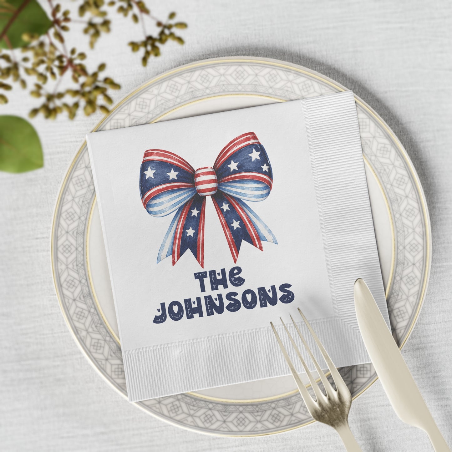 Personalized Patriotic Napkins — Red White & Blue Bow with 'Name or Message'