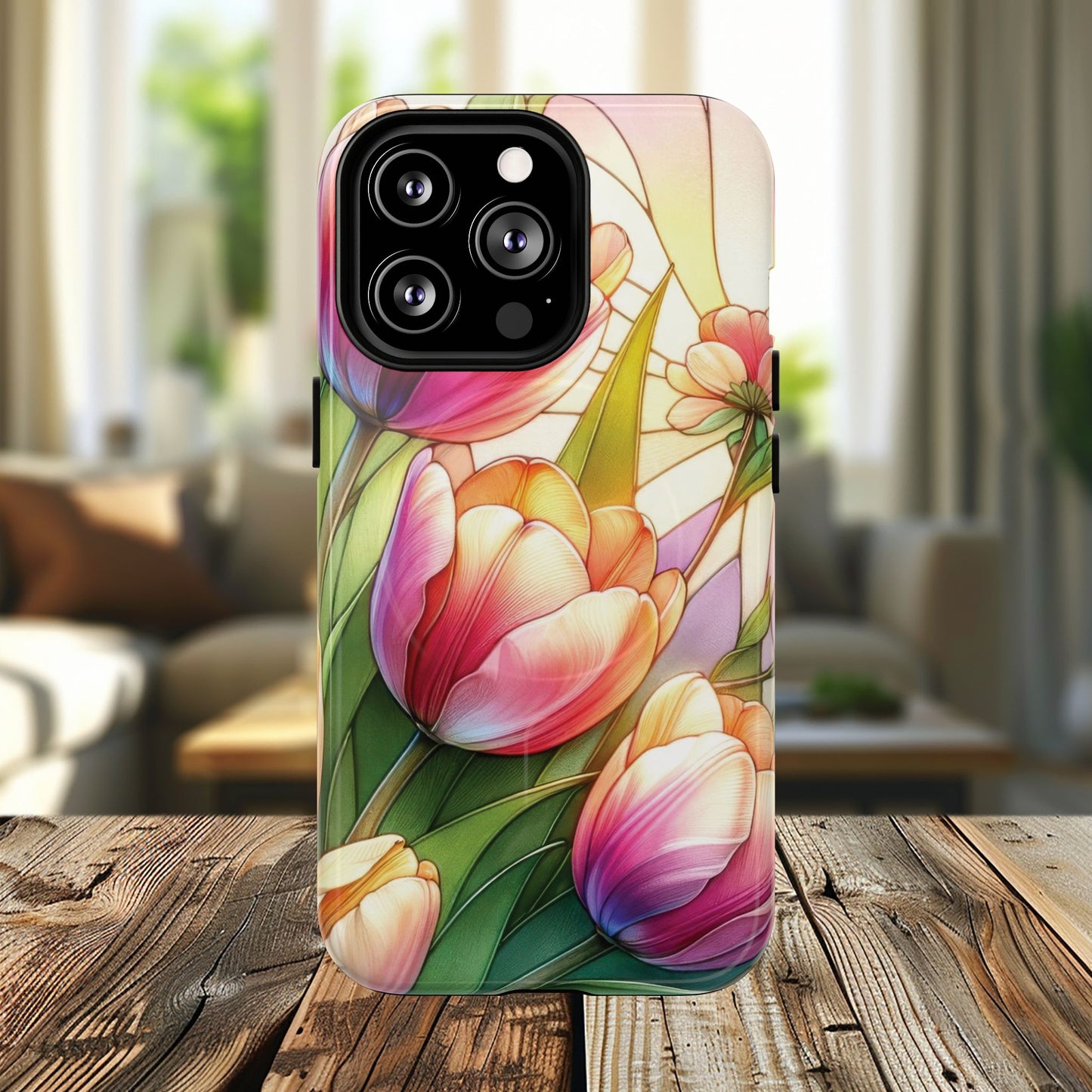 Tulip Glow Tough iPhone Magnetic Case, Floral Design, Spring Gift, Durable Protection, Smartphone Accessories, MagSafe Accessories, Stained Glass Tulip Gift