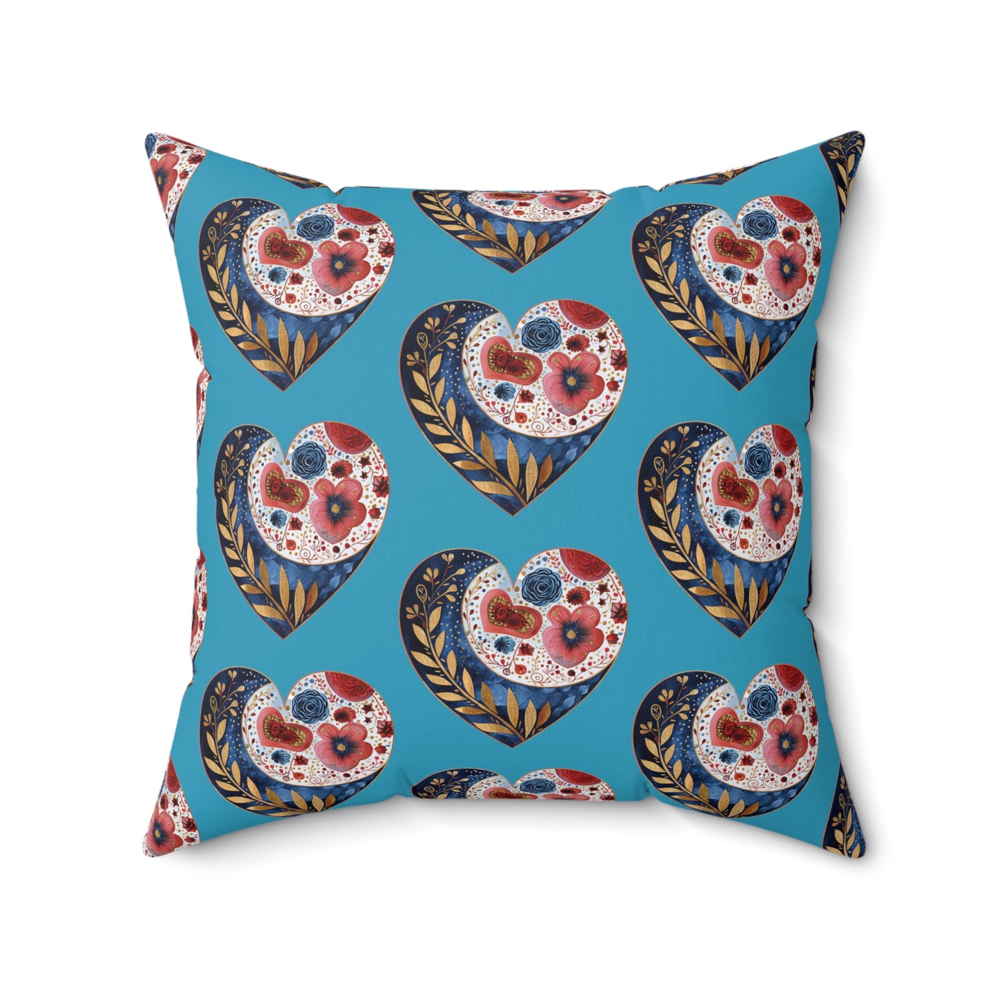 Turquoise Floral Heart Spun Polyester Square Pillow