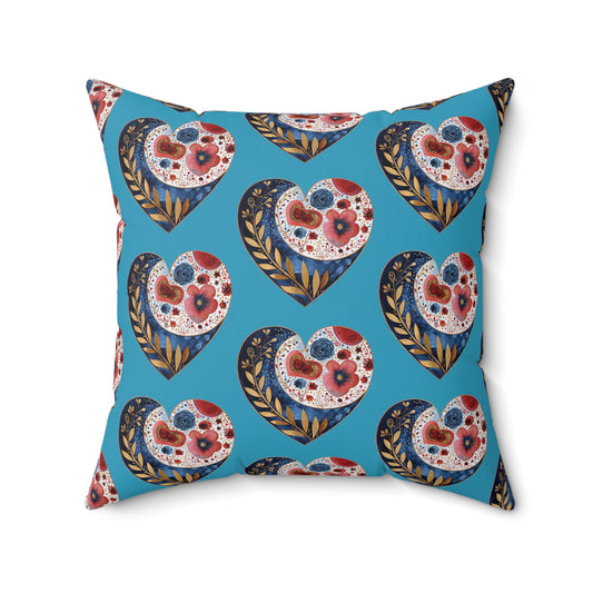 Turquoise Floral Heart Spun Polyester Square Pillow