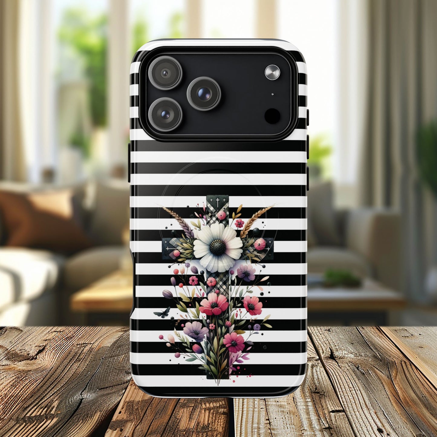 Faith in Bloom Tough iPhone Magnetic Case, iPhone Accessories, Floral iPhone Cover, Durable Cases for Gifts, Black and White Stripes