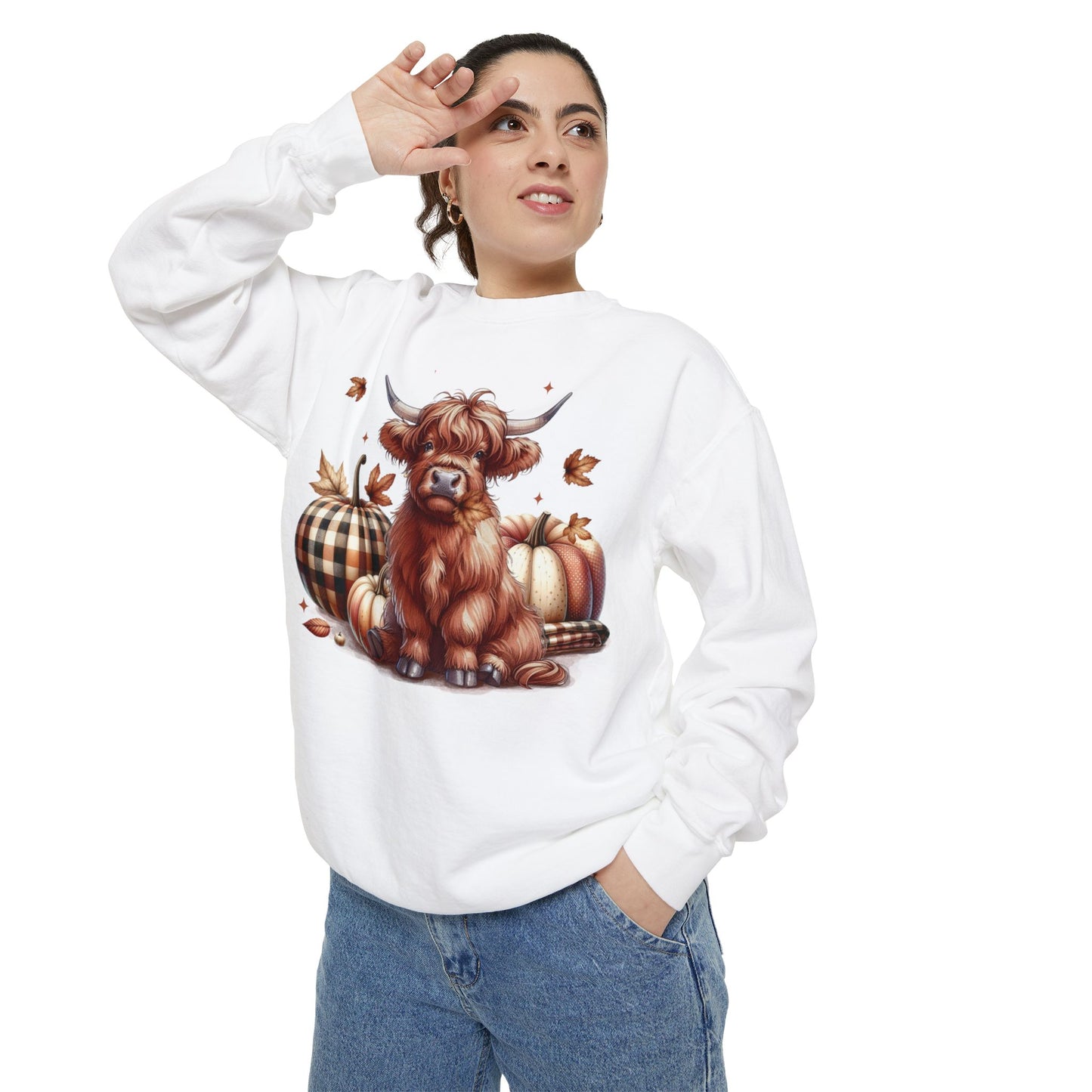 Autumn Highland Cow Charm Unisex Garment-Dyed Sweatshirt