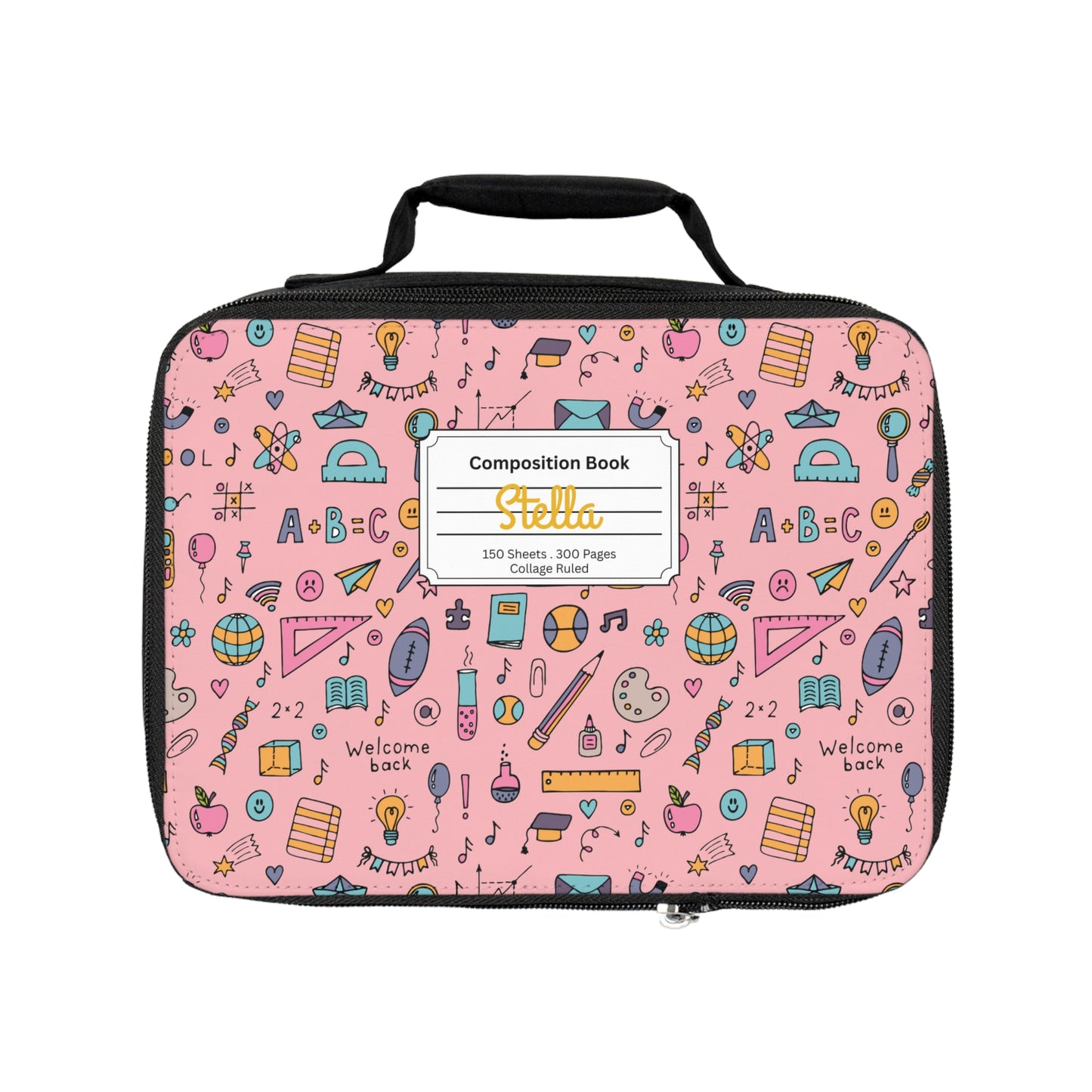 Personalized Pink Chalkboard Chic Composition Book Inspired Colorful Kids Lunch Bag for School, Snack Bag, Lunch Tote, Lunchbox, Kids' Bag with Fun Back to School Design