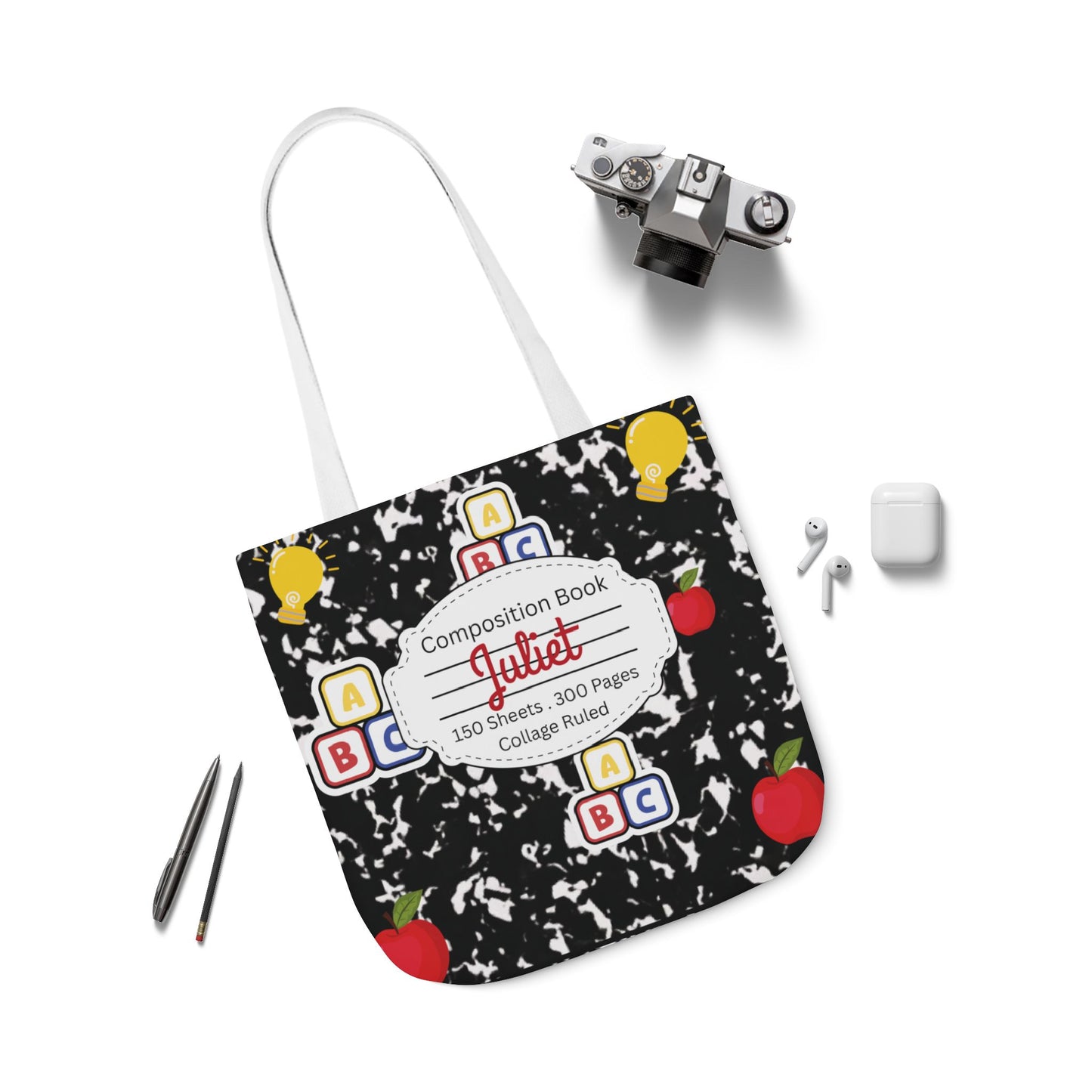 Personalized Black Composition Book Inspired Canvas Tote Bag with Colorful Straps, Cute School Bag, Eco-Friendly Tote, Back to School Shopping Bag, Teacher Gift Idea