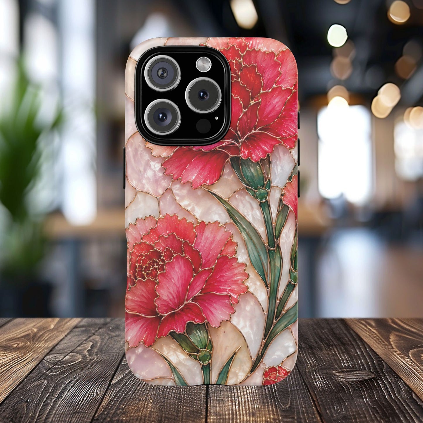 Stained Glass Effect Carnation Floral Tough Phone Case – Pink Vintage Botanical Protective Cover