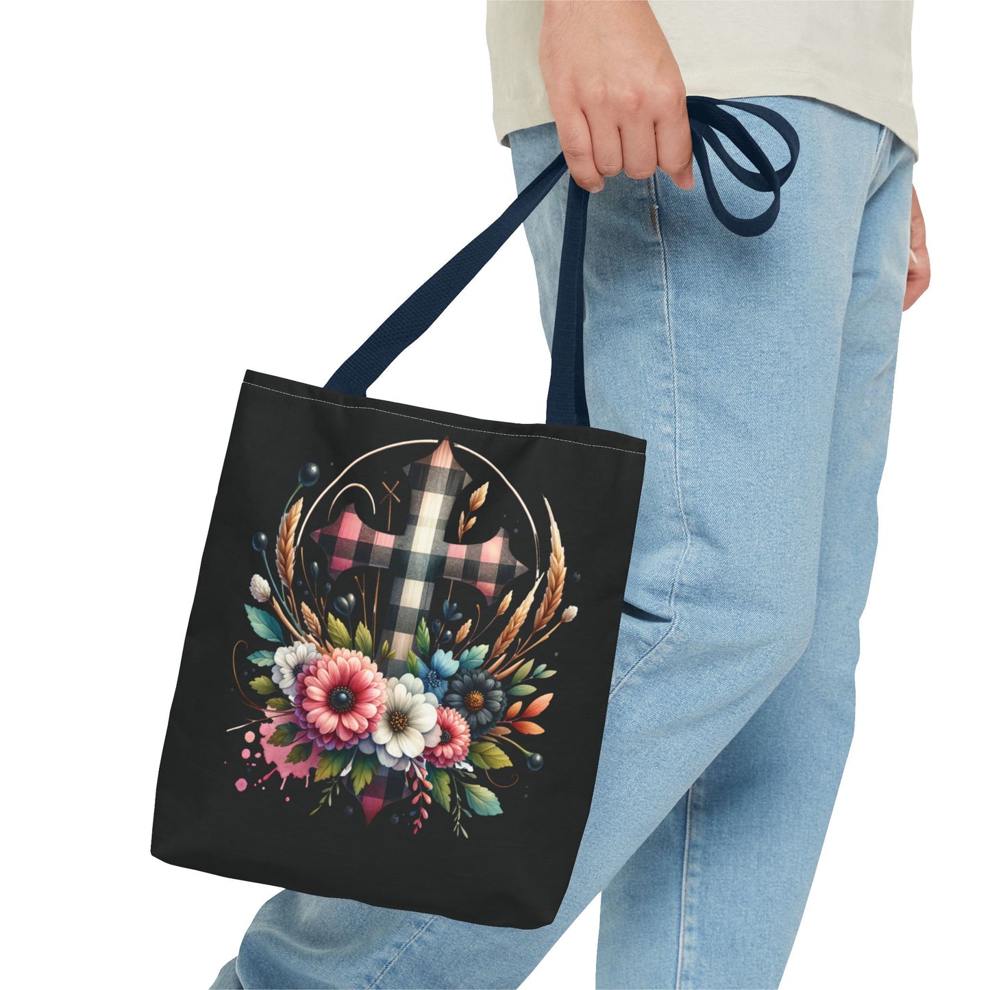 Faith and Floral Cross Heart Tote Bag