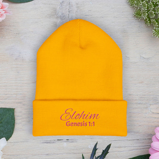 Pink Embroidered 'ELOHIM, GENESIS 1:1' Classic Cuffed Beanie - Cozy Winter Hat, Streetwear Accessory, Personalized Gifts, Religious Apparel, Unisex Beanie
