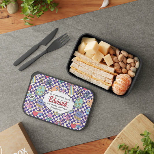 Personalized Purple Doodle Daydream Composition Book Inspired Bento Box, Fun Lunch Container, School Lunch, Meal Prep, Kids' Utensils, Back to School, Child's Lunchbox