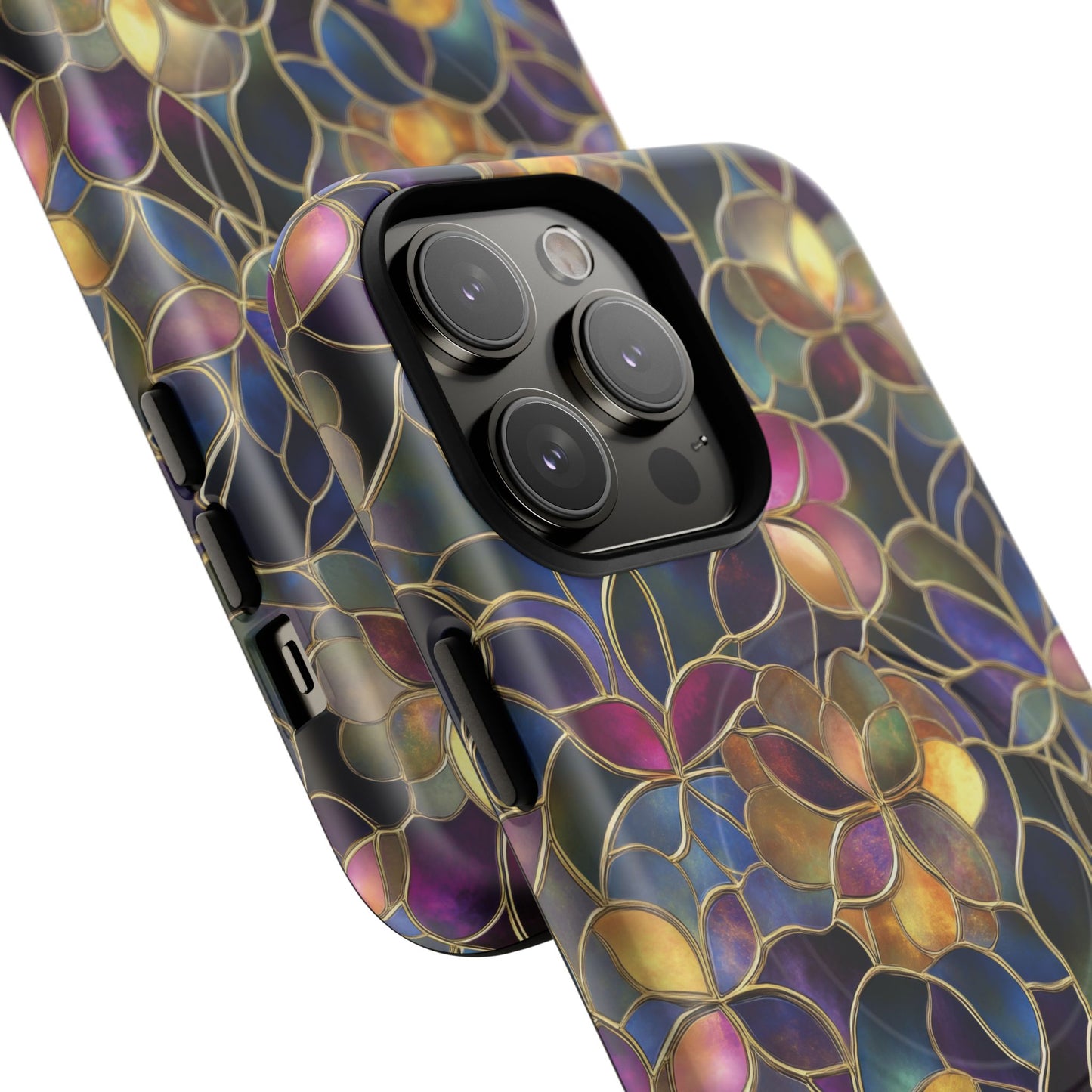 Chromatic Bloom Tough iPhone Magnetic Case, Tough iPhone Cover, Floral iPhone Accessory, Birthday Gift, Elegant Tech Decor, MagSafe Stained Glass Pattern.