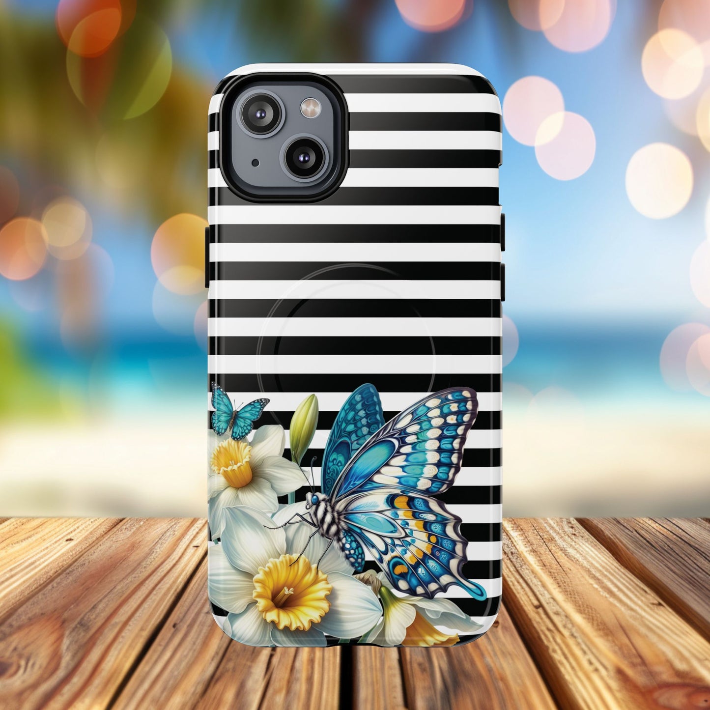 Daffodil Flutter Tough iPhone Magnetic Case, Floral iPhone Accessories, Stylish iPhone Cover, Black Striped Design, Gift for Her, Trendy iPhone
