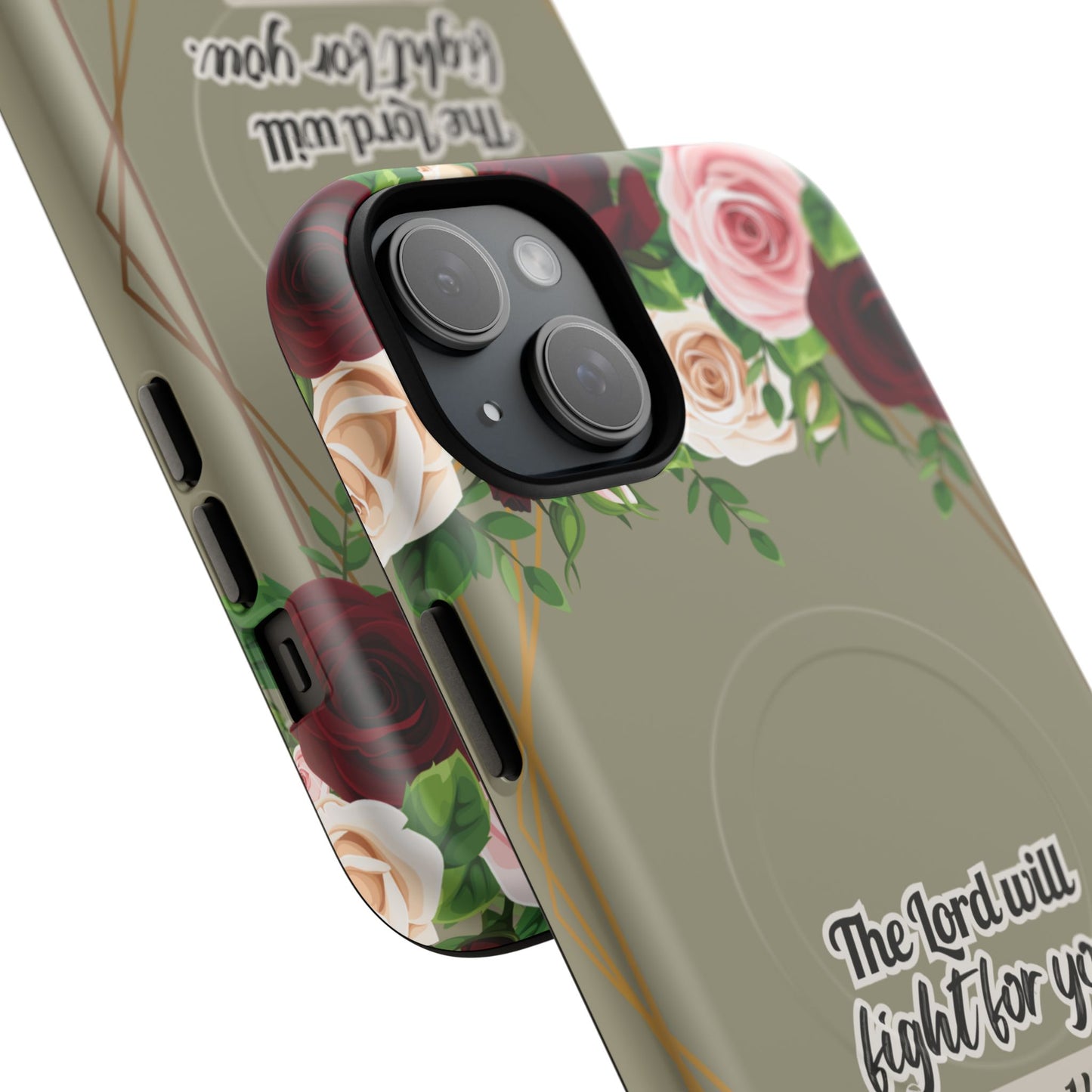The Lord will Fight for You Exodus 14:14, Inspirational Gift, Tough iPhone Magnetic Case Scripture, Roses Bible Verse, MagSafe® iPhone® Tough Case, iPhone 14, iPhone 15, iPhone 16, Pro, Pro Max, Plus.