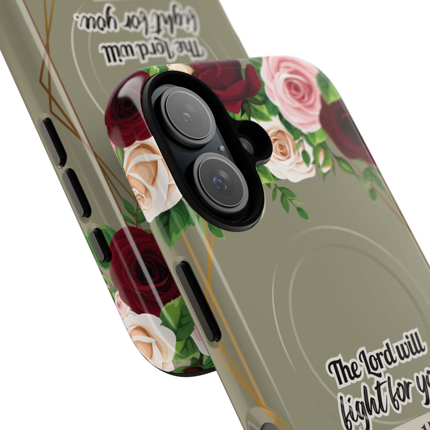 The Lord will Fight for You Exodus 14:14, Inspirational Gift, Tough iPhone Magnetic Case Scripture, Roses Bible Verse, MagSafe® iPhone® Tough Case, iPhone 14, iPhone 15, iPhone 16, Pro, Pro Max, Plus.
