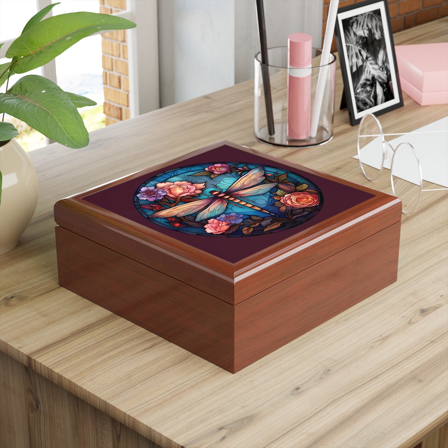 Dragonfly Floral Jewelry Box – Stained Glass Style Trinket Case