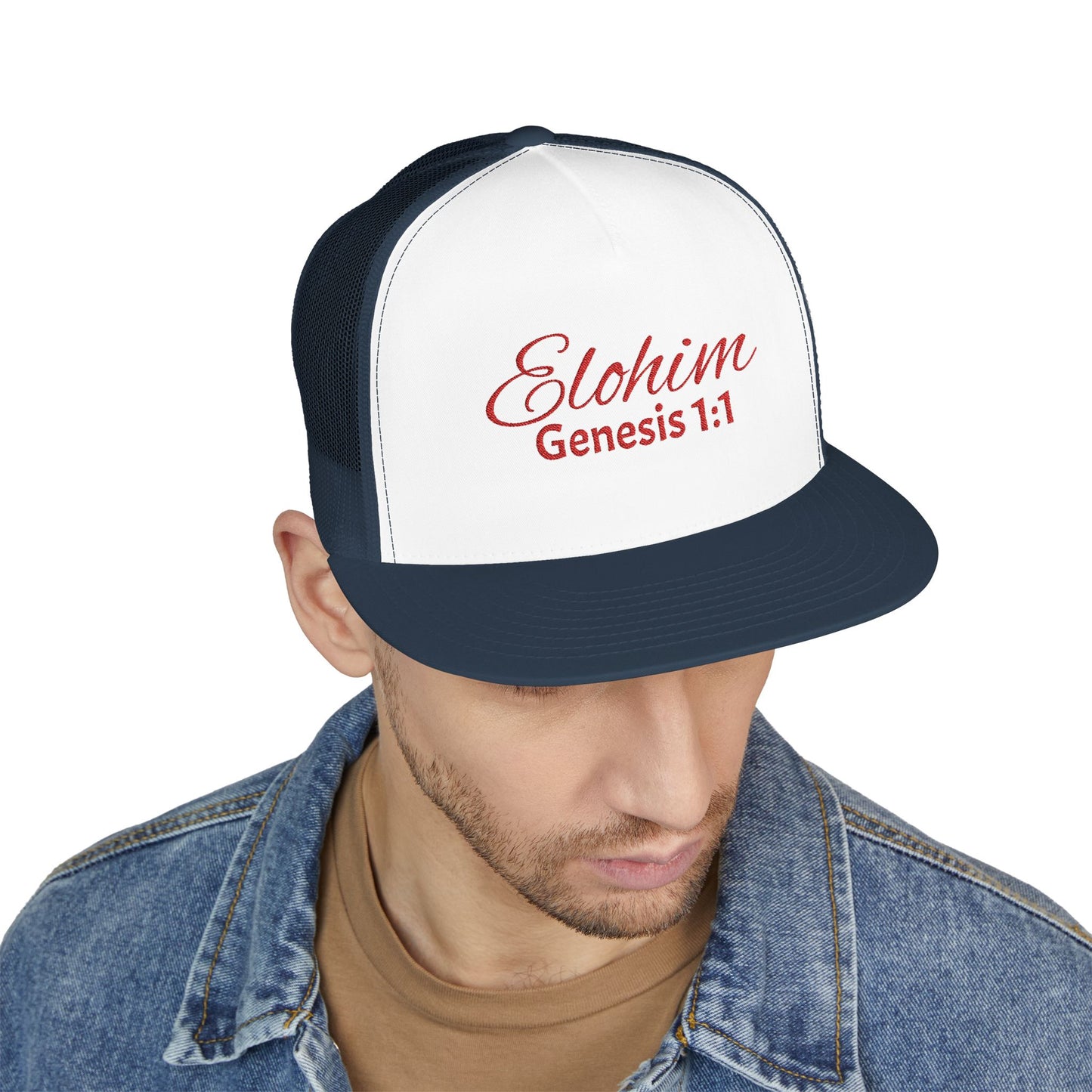 Red 'ELOHIM, GENESIS 1:1'  Embroidered 5 Panel Trucker Cap | Casual Style Hat, Adjustable, Unisex, Perfect Gift for Outdoors, Festivals, Daily Wear