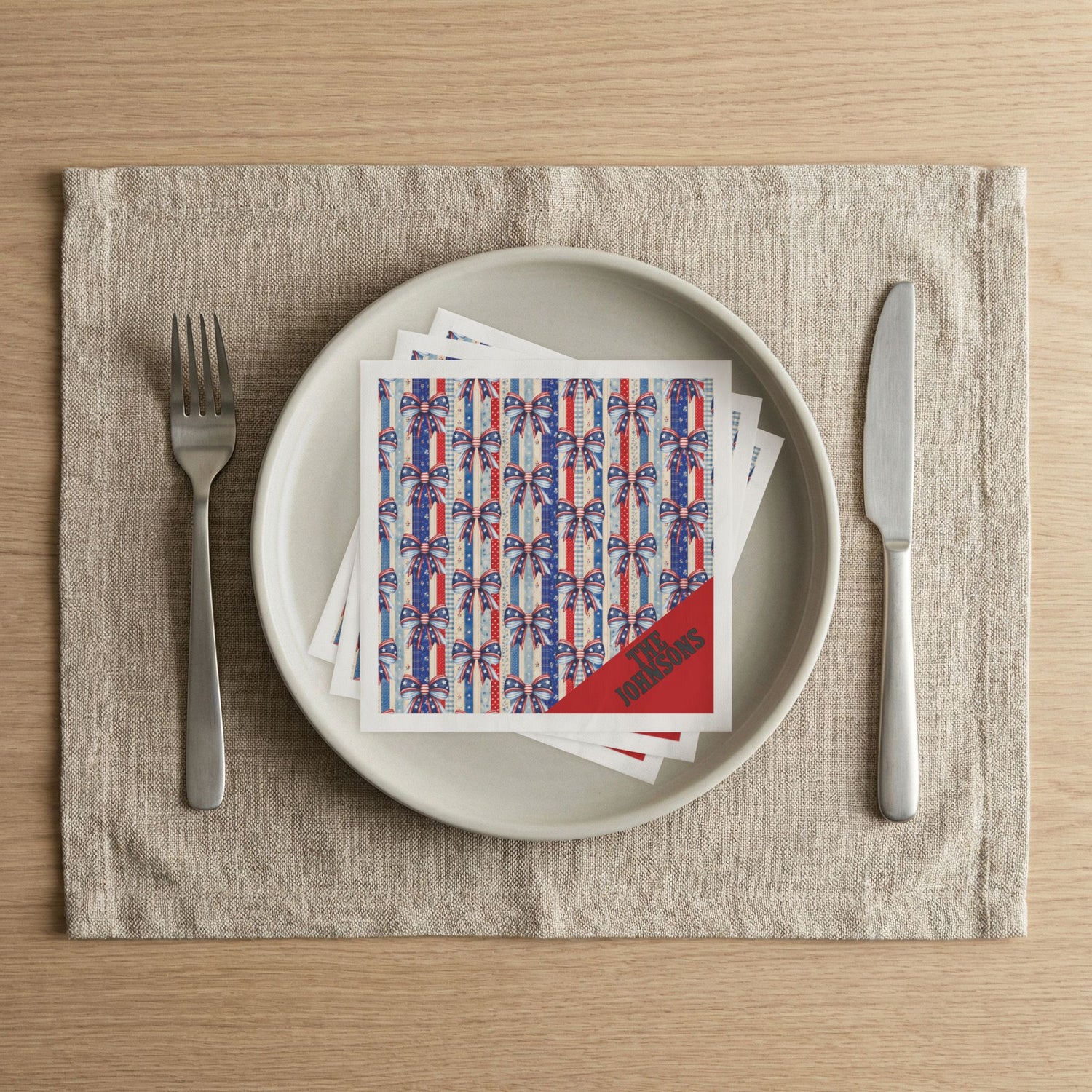 Patriotic Ribbon Pattern Cocktail Napkins — Customizable Corner Name