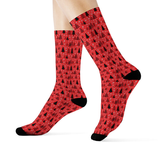 Winter Wonderland Red Crew Socks - Soft & Elastic Polyester/Spandex Blend - One Size Fits All