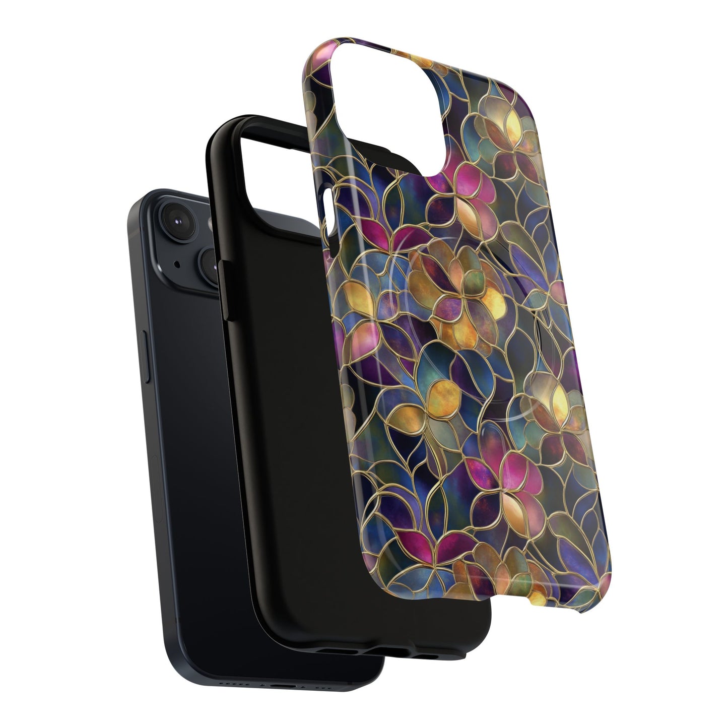 Chromatic Bloom Tough iPhone Magnetic Case, Tough iPhone Cover, Floral iPhone Accessory, Birthday Gift, Elegant Tech Decor, MagSafe Stained Glass Pattern.