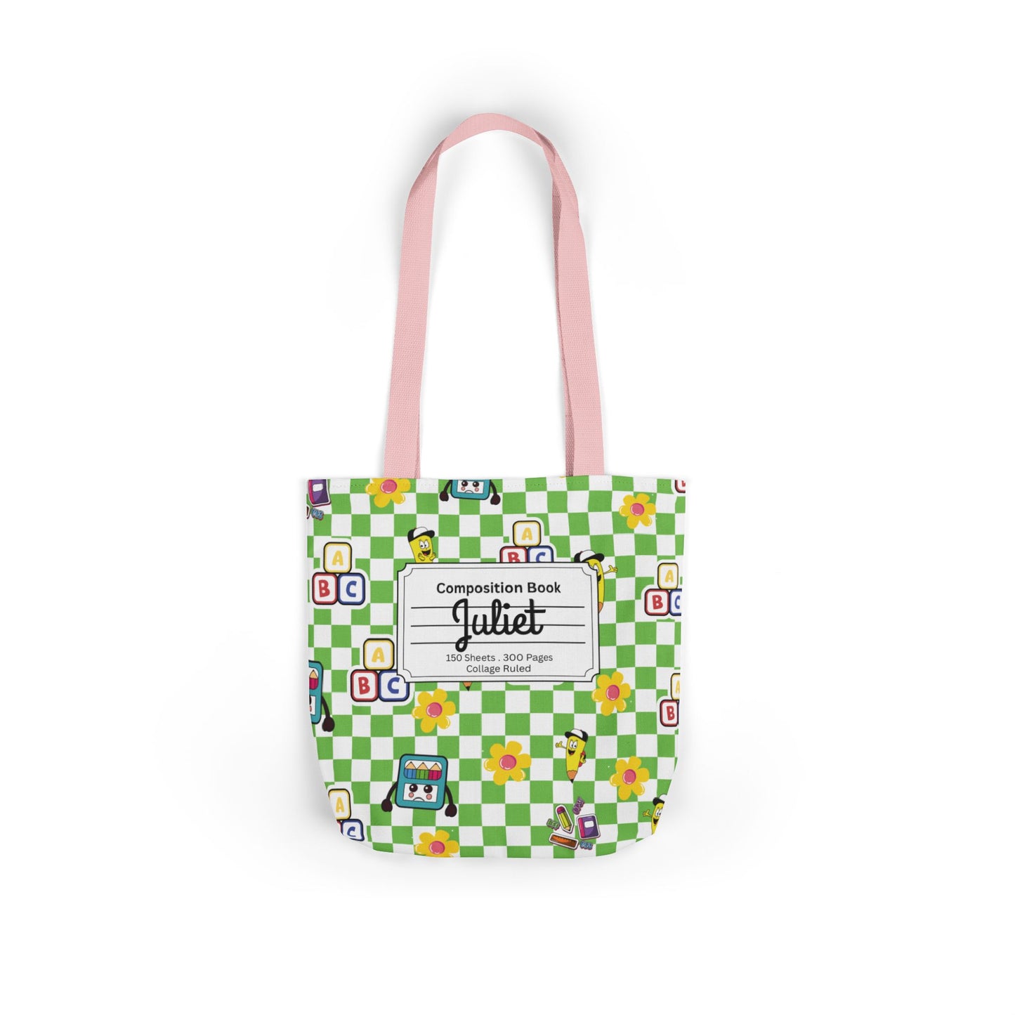 Personalized Green Schoolyard Chic Composition Book Inspired Canvas Tote Bag with Colorful Straps, Cute School Bag, Eco-Friendly Tote, Back to School Shopping Bag, Teacher Gift Idea
