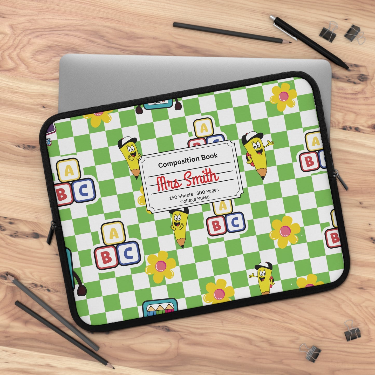 Personalized Green SchoolYard Chic Laptop Sleeve with Composition Book Inspired Design, Customizable Tech Case, School Supplies, Gift for Students, College Essentials, Back to School