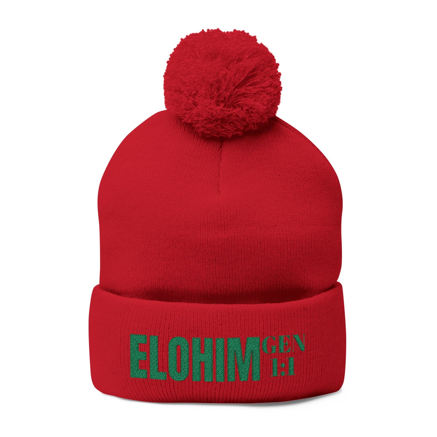 Pom-Pom Knit Cap with 'ELOHIM, GENESIS 1:1'  Embroidery Beanie - Stylish Winter Accessory for All Ages, Perfect Gift for Birthdays, Holidays, and Outdoor Activities