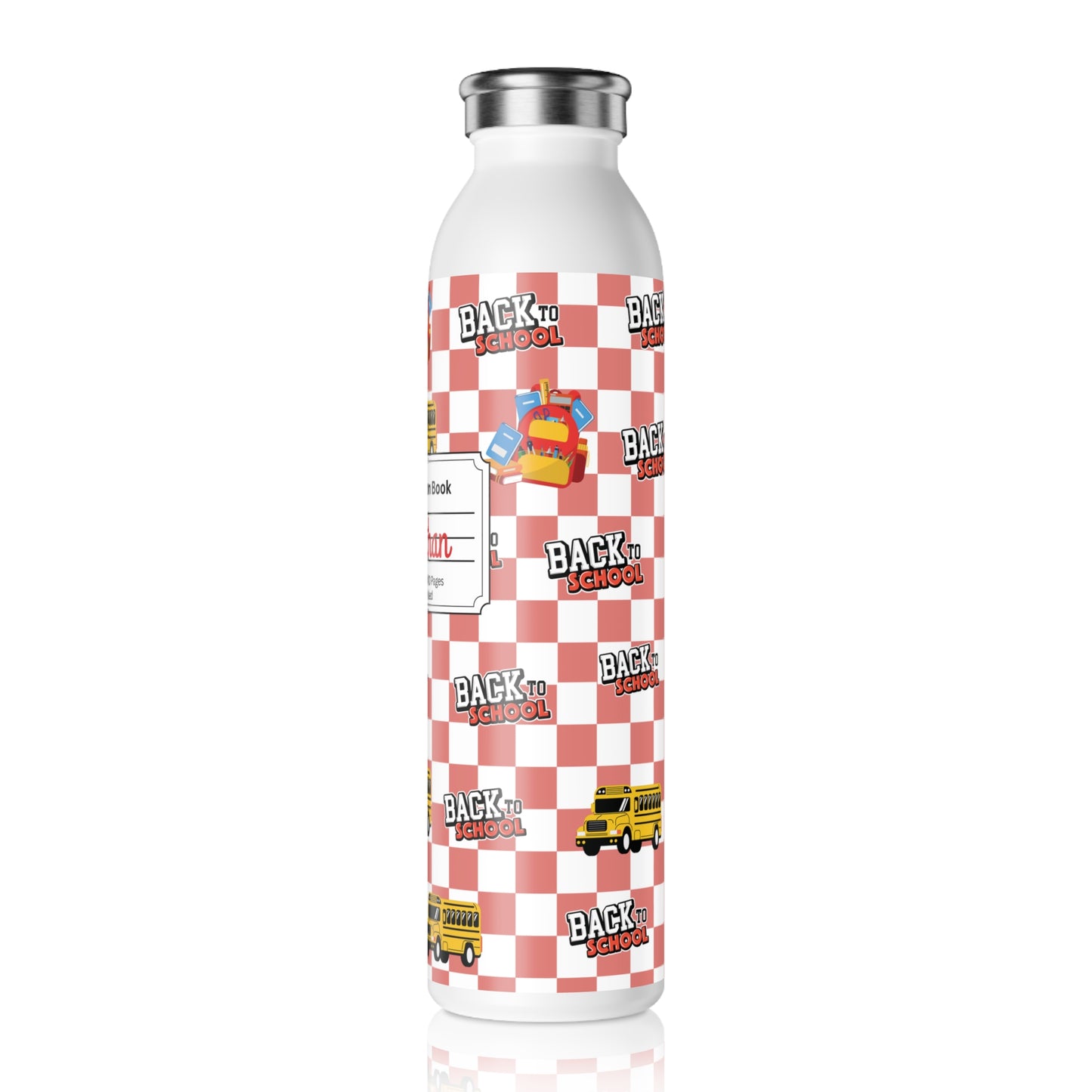 Personalized Red SchoolYard Chic Composition Book Inspired Slim Water Bottle, Customizable Drinkware, Eco-Friendly Hydration Bottle, Perfect for Gifts, School Supplies, Back to School