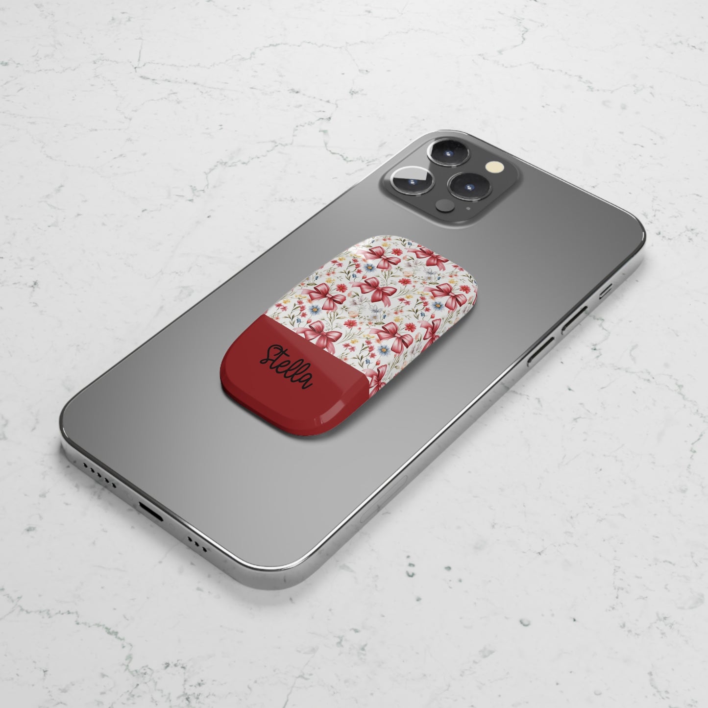Personalized Rosette Coquette  Phone Grip — Floral Red Bows Design with Custom Name