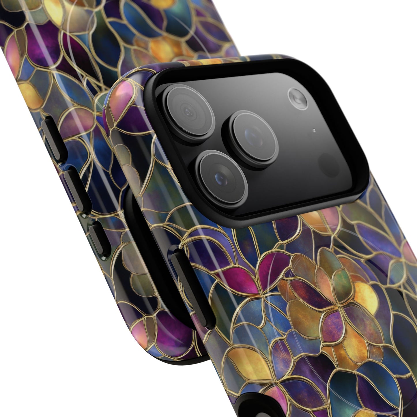 Chromatic Bloom Tough iPhone Magnetic Case, Tough iPhone Cover, Floral iPhone Accessory, Birthday Gift, Elegant Tech Decor, MagSafe Stained Glass Pattern.