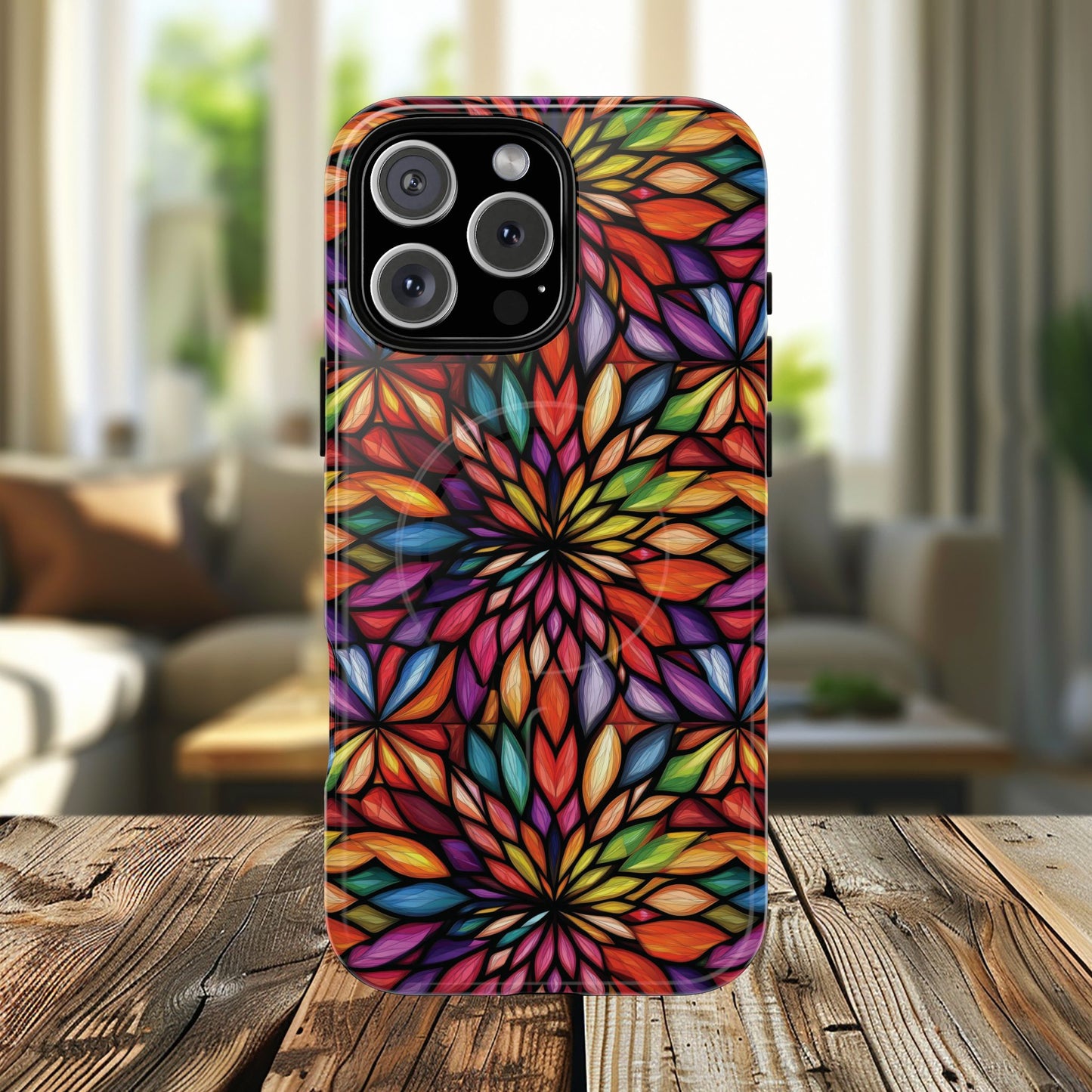 Prism Bloom Tough iPhone Magnetic Case, Stained Glass  MagSafe Cases, iPhone Accessory, Floral Design, Unique Gift, iPhone Protection