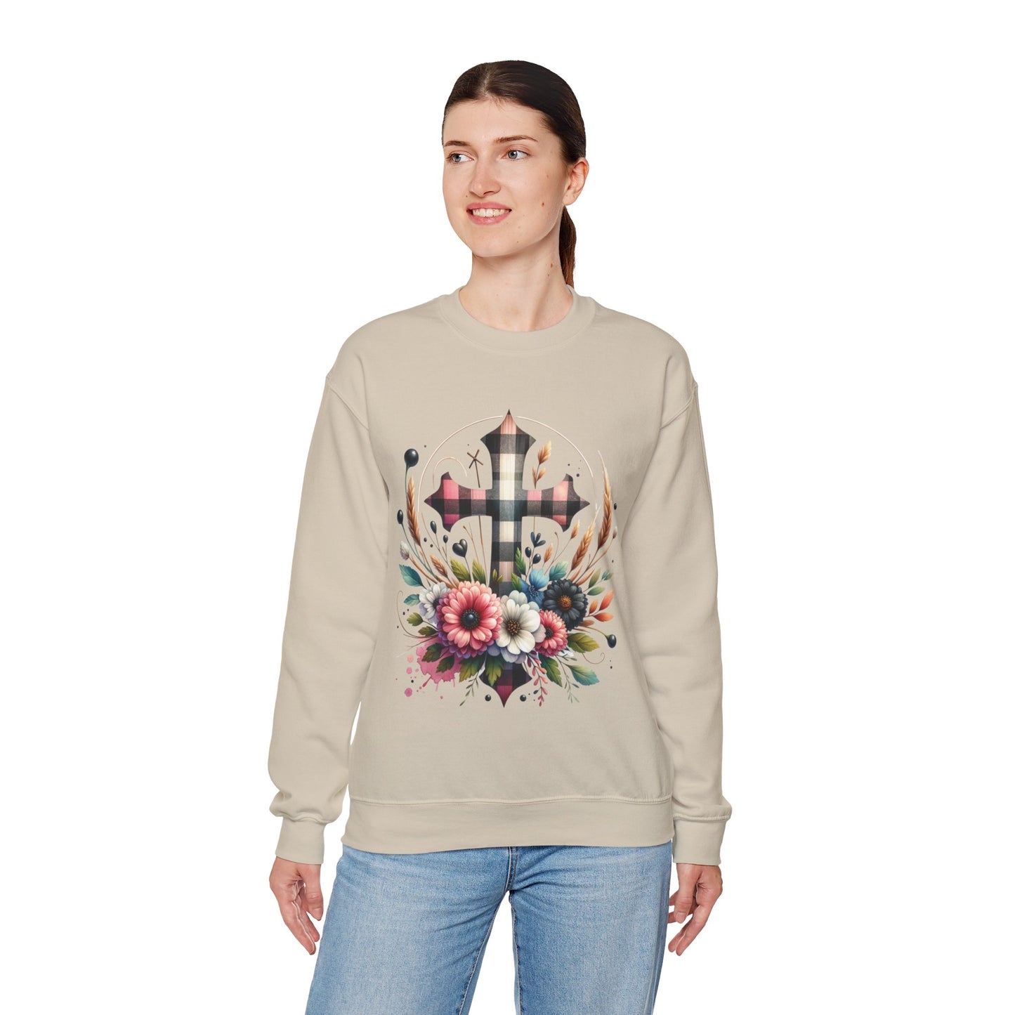 Faith and Floral Cross Unisex Heavy Gildan Blend™ Crewneck Sweatshirt.