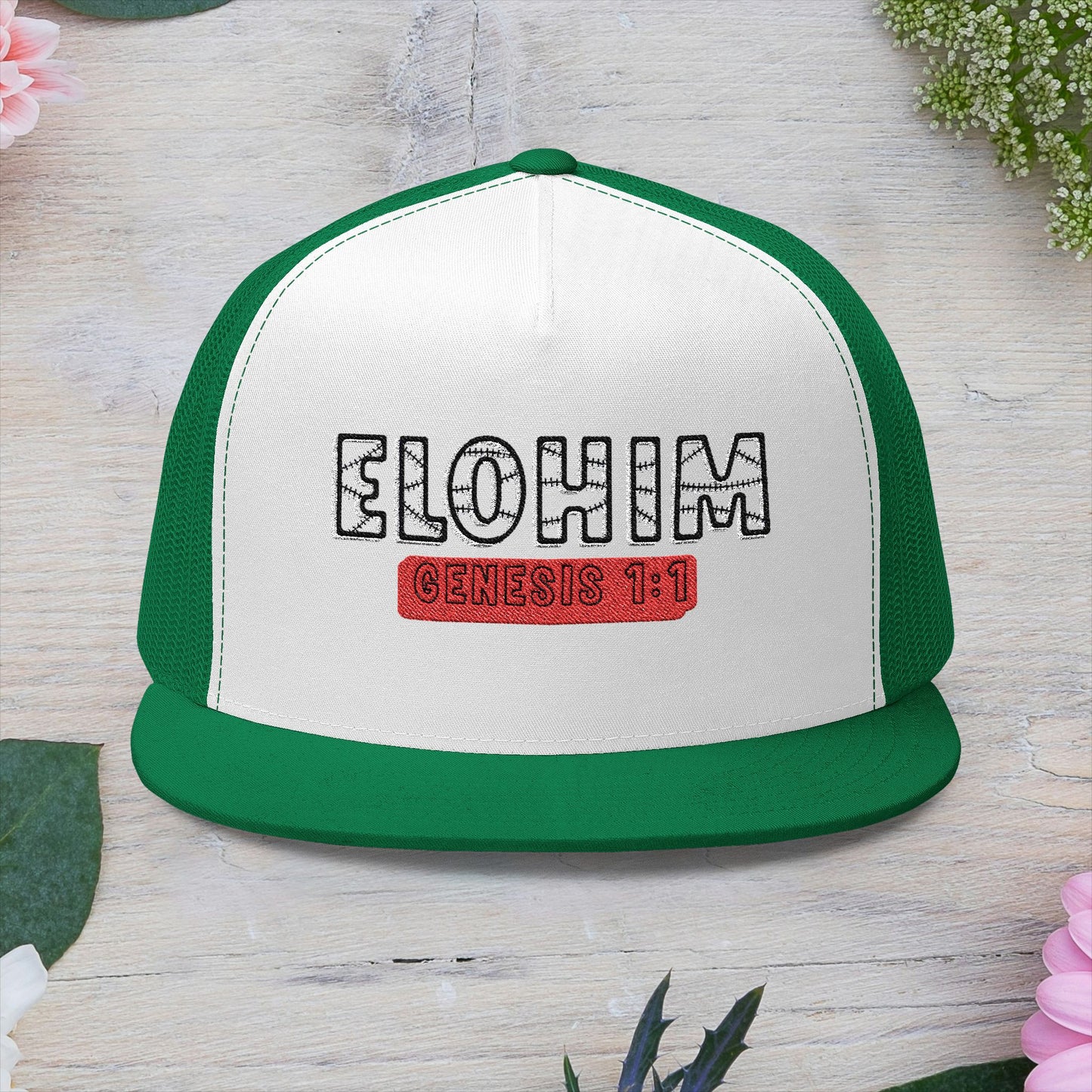 'ELOHIM, GENESIS 1:1'  Embroidered 5 Panel Trucker Cap | Casual Style Hat, Adjustable, Unisex, Perfect Gift for Outdoors, Festivals, Daily Wear