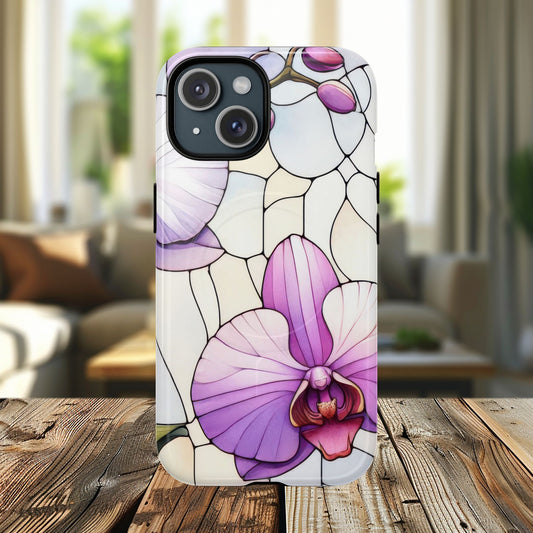 Orchid Grace Tough iPhone Magnetic Case, Protective iPhone Cover, Trendy Stained Glass Design, Floral Gift, Unique iPhone Accessory, Durable iPhone Case